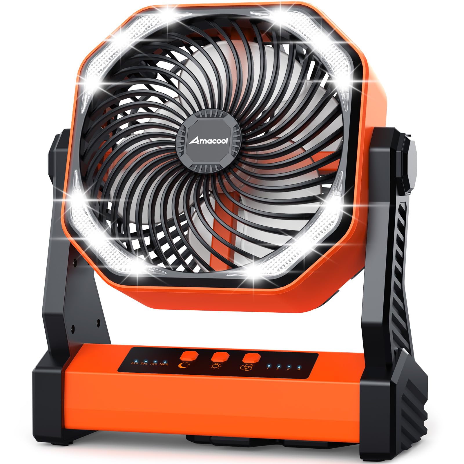 Battery-operated camping fan with 20000mAh rechargeable battery, 4-speed settings, and LED light for outdoor use