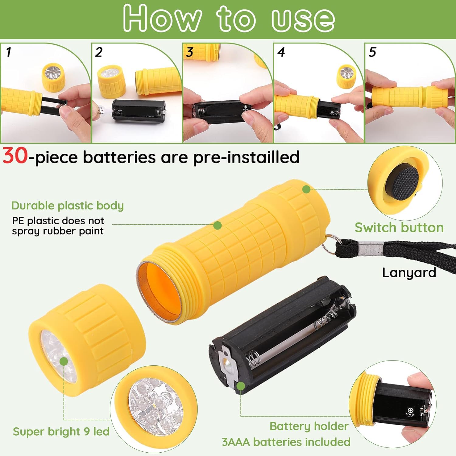 Zebbtne 10Pack Mini Flashlights Set, 9-Led Small Flashlight For Kids, 5 Colors, With Lanyard And 30 Aaa Batteries Included, Perfect For Night Reading Party Camping Hunting Emergency