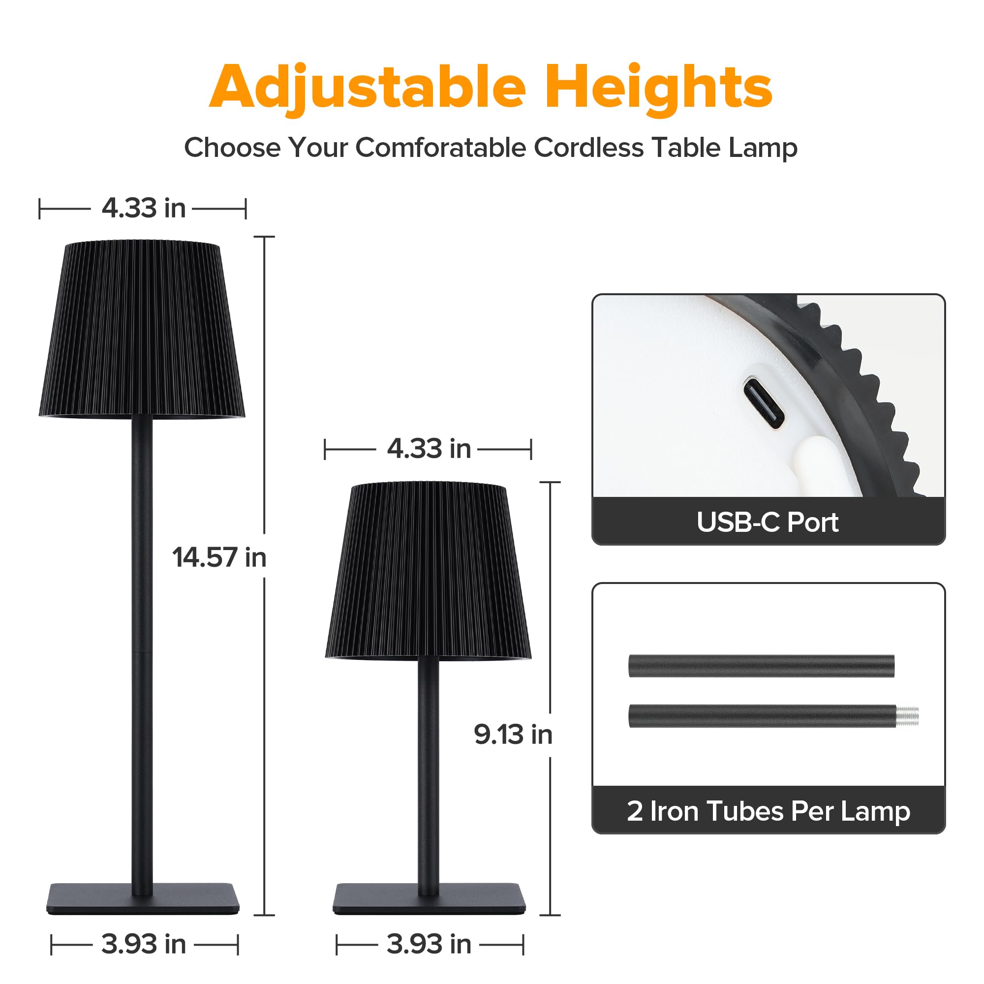 Lutec 2 Pack Cordless Table Lamp,6000Mah Rechargeable Battery Operated Desk Lamp,Two Adjustable Heights,Waterproof, Touch Control & 3 Color Stepless Dimming For Restaurant/Bedroom/Bars/Outdoor (Black)