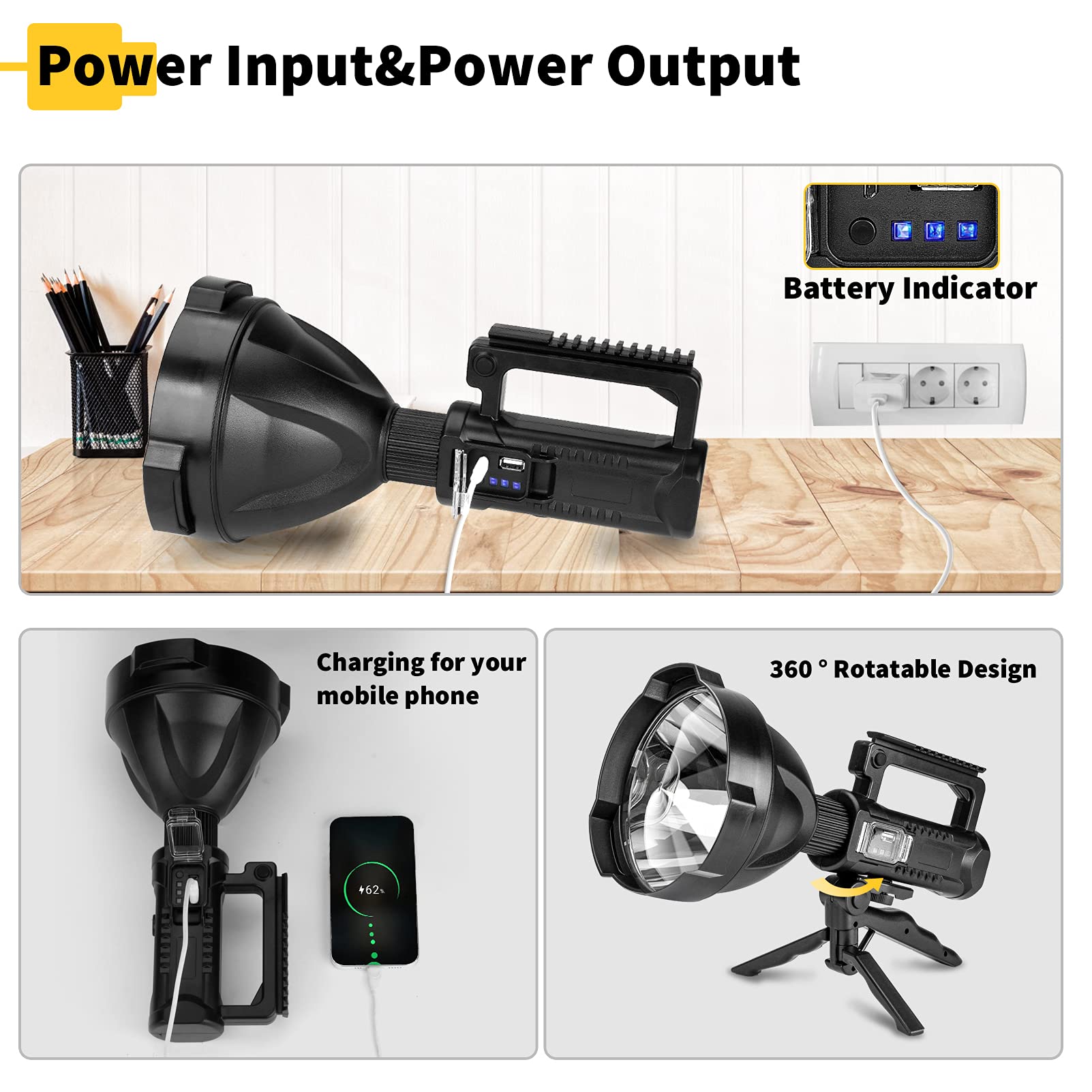 Yongkist Super Bright Rechargeable Led Spotlight,Handheld Tactical Flashlight 4 Modes High Power Portable Waterproof Searchlight For Outdoor Tripod, Adpater And Usb Cable Included