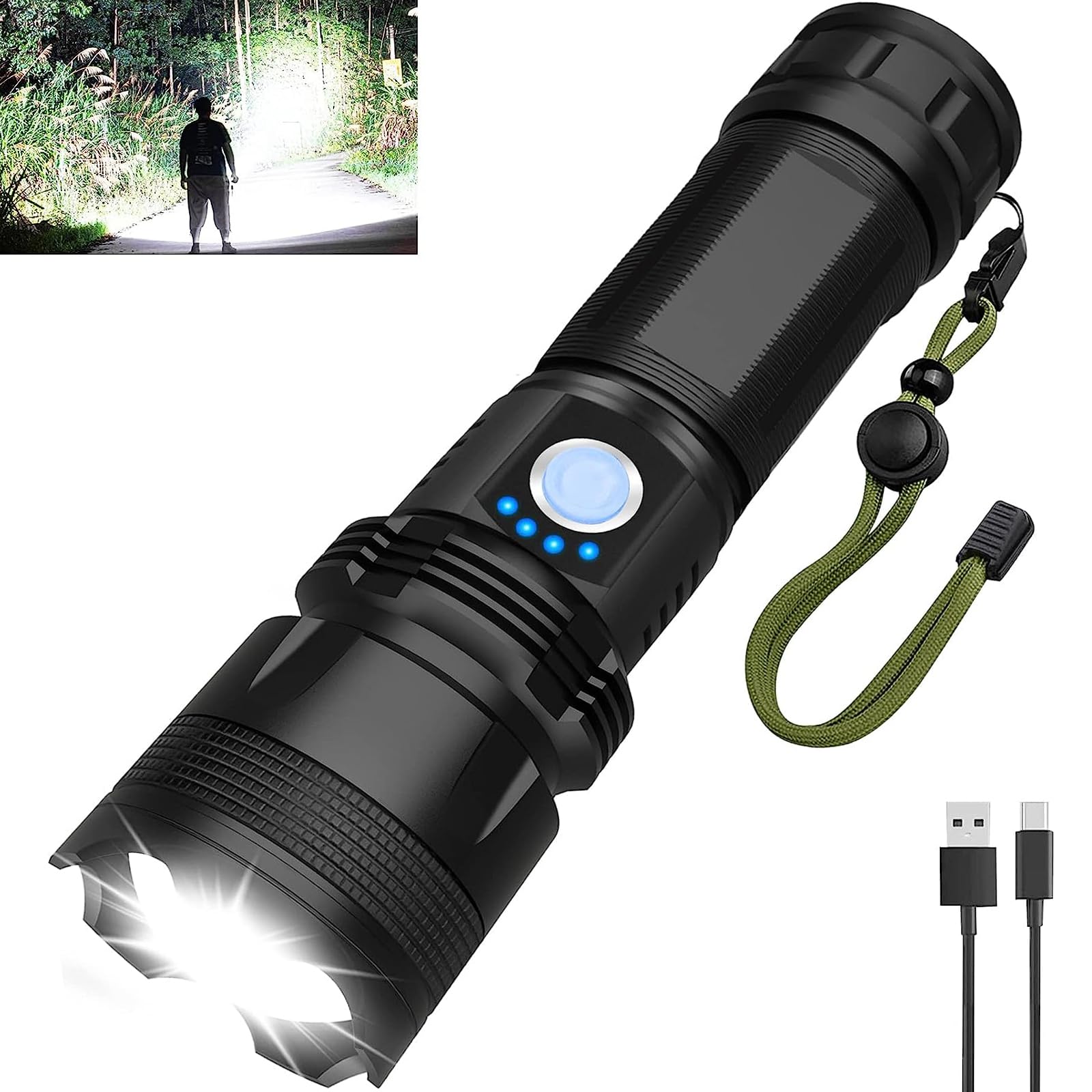 Pxhtmpk Rechargeable Led Flashlight High Lumens, 500000 Lumens Super Bright Flash Lights, Zoomable, 5 Modes, Powerful Handheld Flashlight For Camping