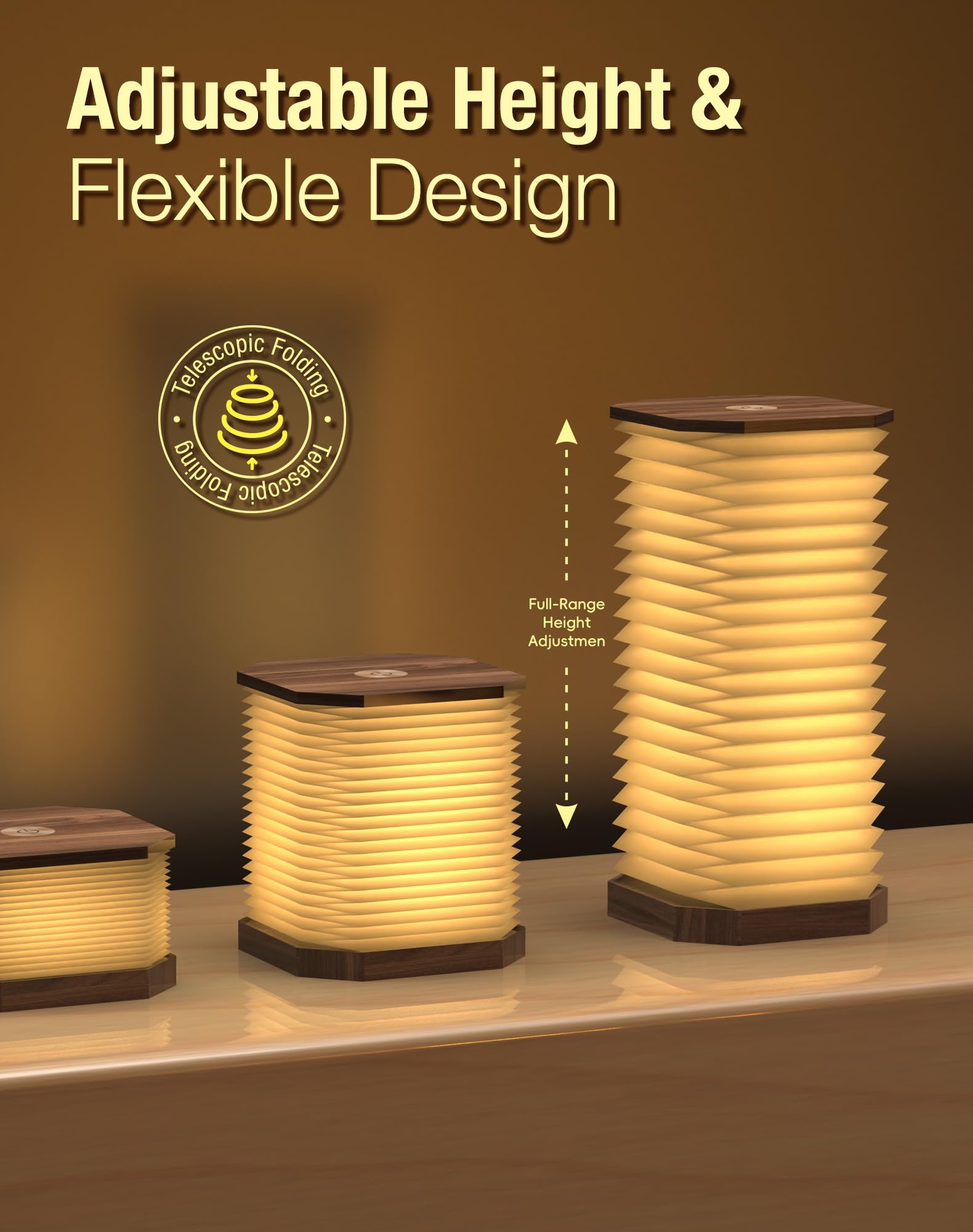 Zbole Vertical Accordion Lamp, Warm Light, Adjustable Height & Brightness, Usb Charging, Ideal For Home Decor & (Walnut)