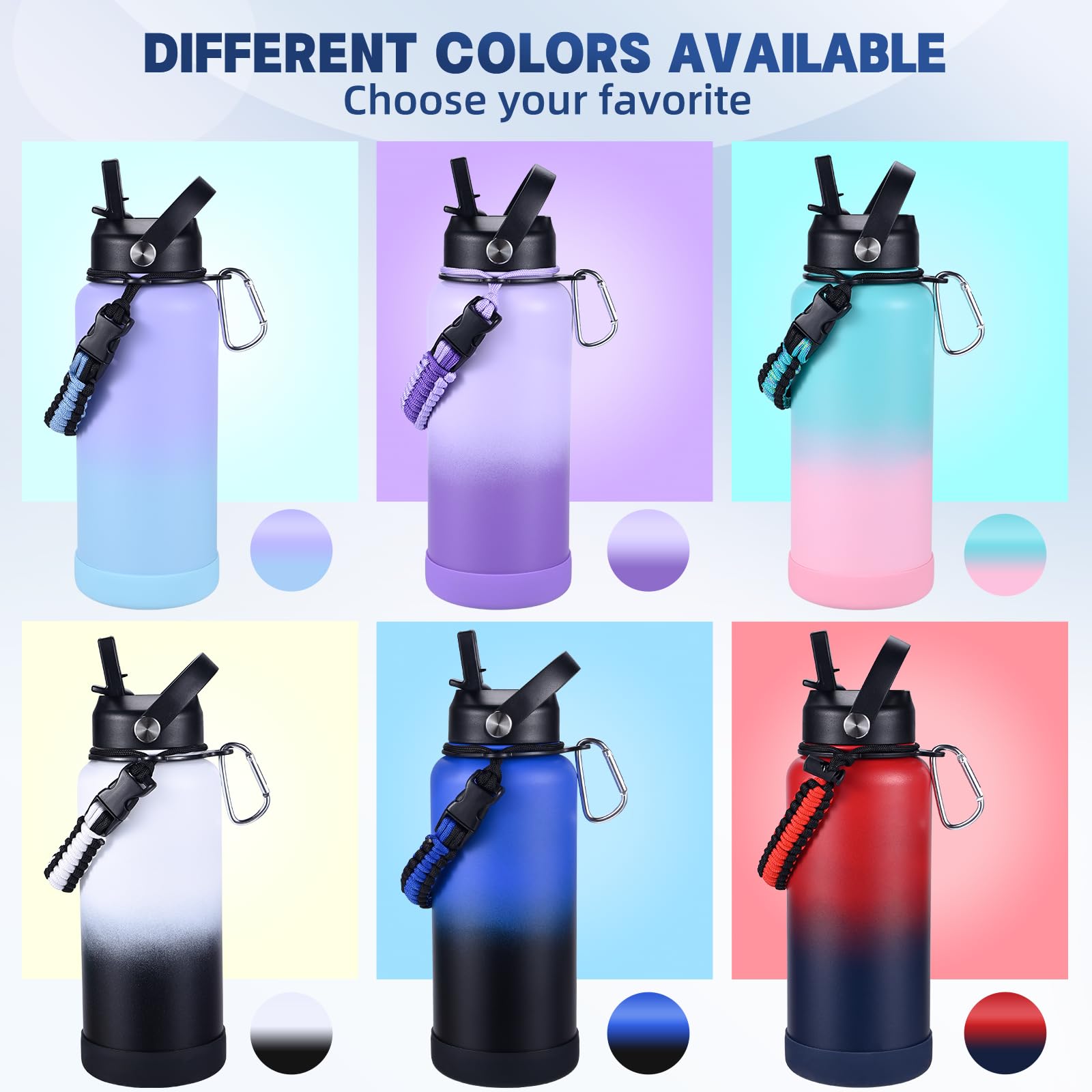 Insulated Water Bottle, 32 Oz Stainless Steel Wide Mouth Water Bottles With 2 Leak Proof Lid