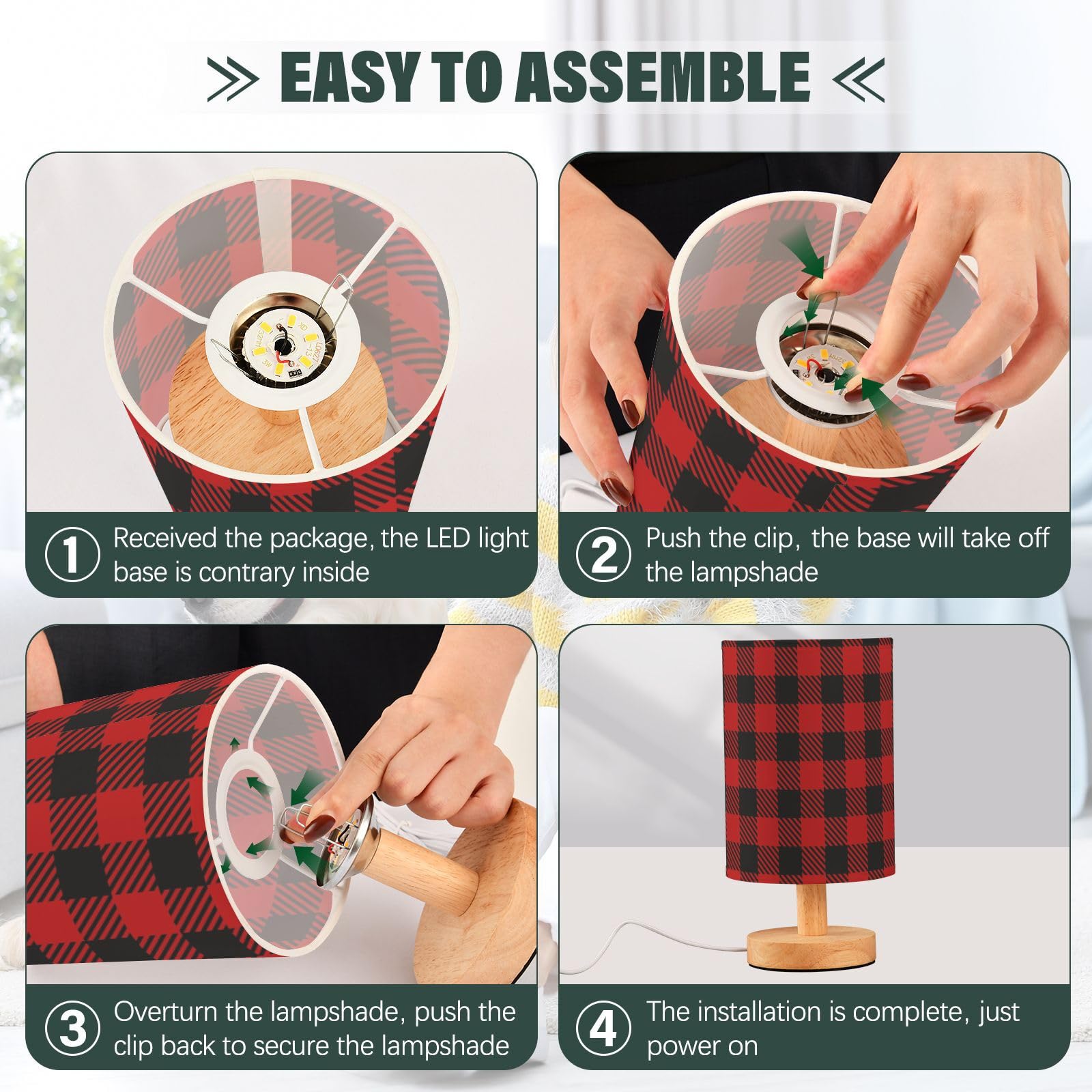 Domiking Black Red Buffalo Plaid Check Bedside Table Lamp For Bedroom Fabric Linen Lampshade Nightstand Lamp Desk Light Lamps For Home Dorm Office 5.12X9.7In