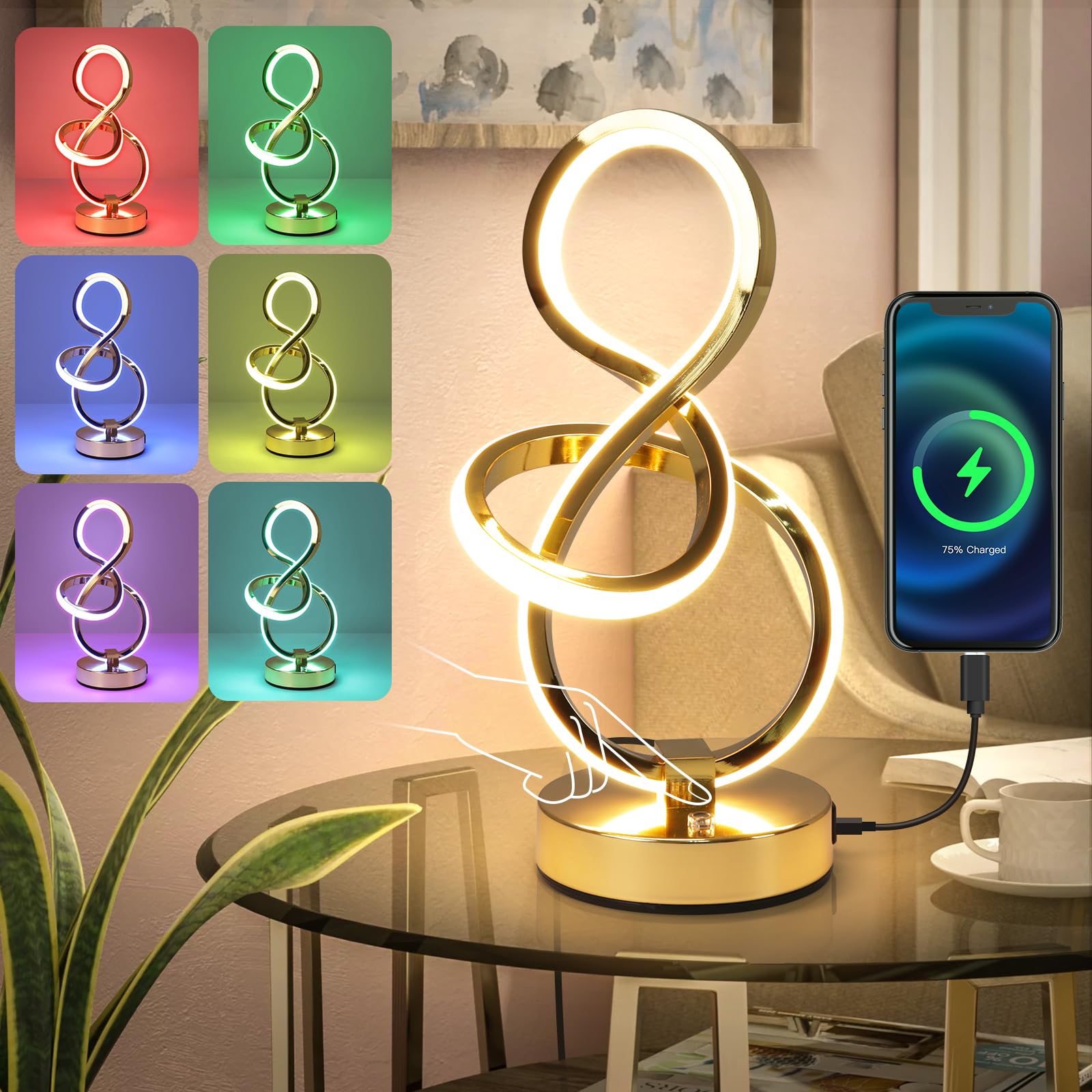Eidearay Modern Spiral Table Lamp, 7 Colors 10 Light Modes Led Nightstand Small Lamp With Usb C+A Ports, Touch Dimmable Lamps For Living Room Bedroom Bedside, Unique & Cool Lamps,Gold