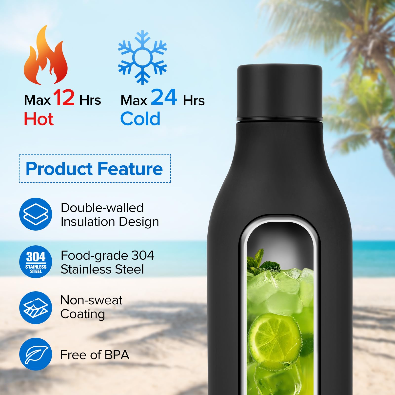 Insulated Metal Water Bottle, 18 Oz Stainless Steel Leak-Proof Gym Water Bottle With Lid For Men