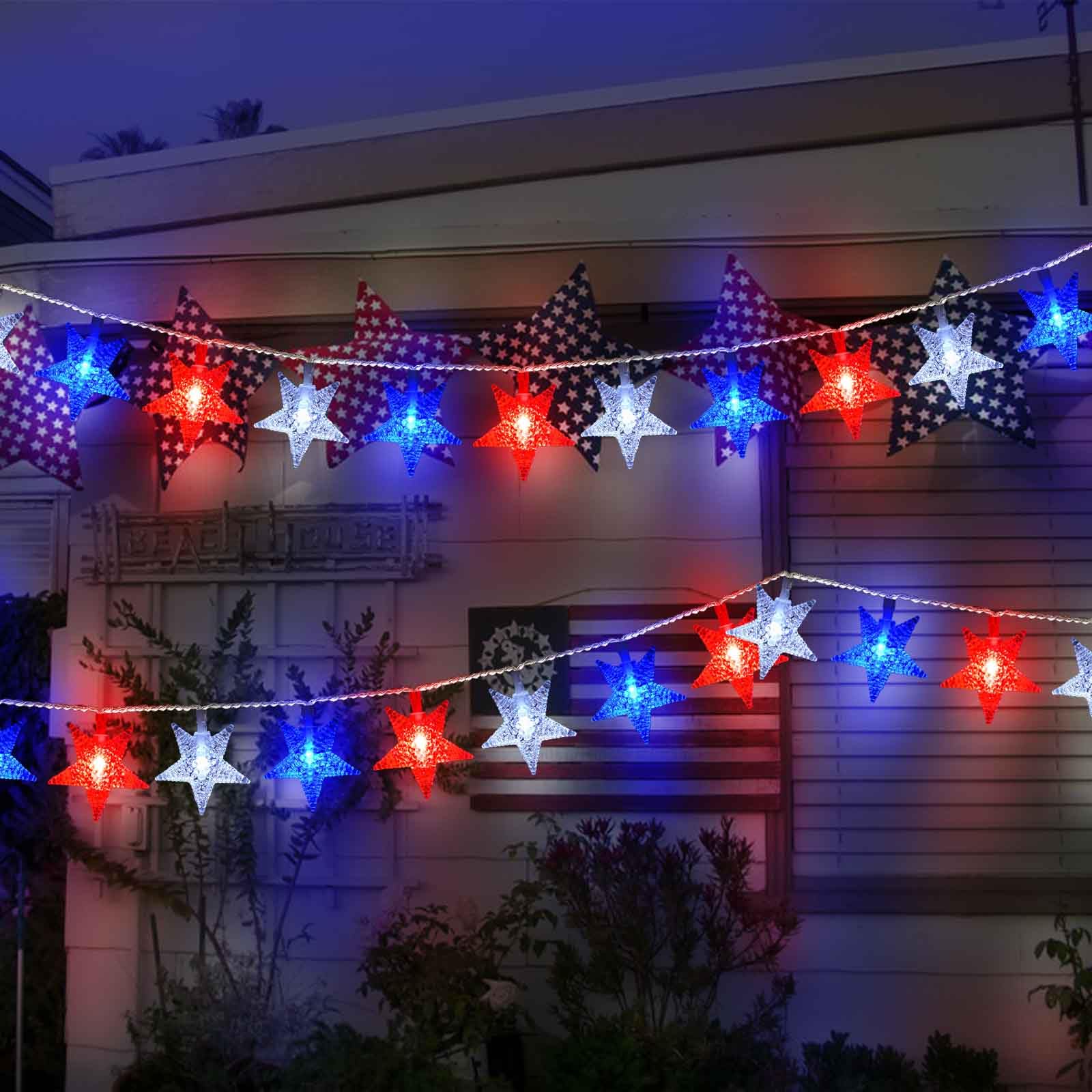 Awinking Solar Red White And Blue Star Lights For 4Th Of July Decorations Outdoor, 30 Led Waterproof Patriotic Lights For Outside Memorial Day Fourth July Christmas Front Porch Yard Campsite Golf Cart Decor