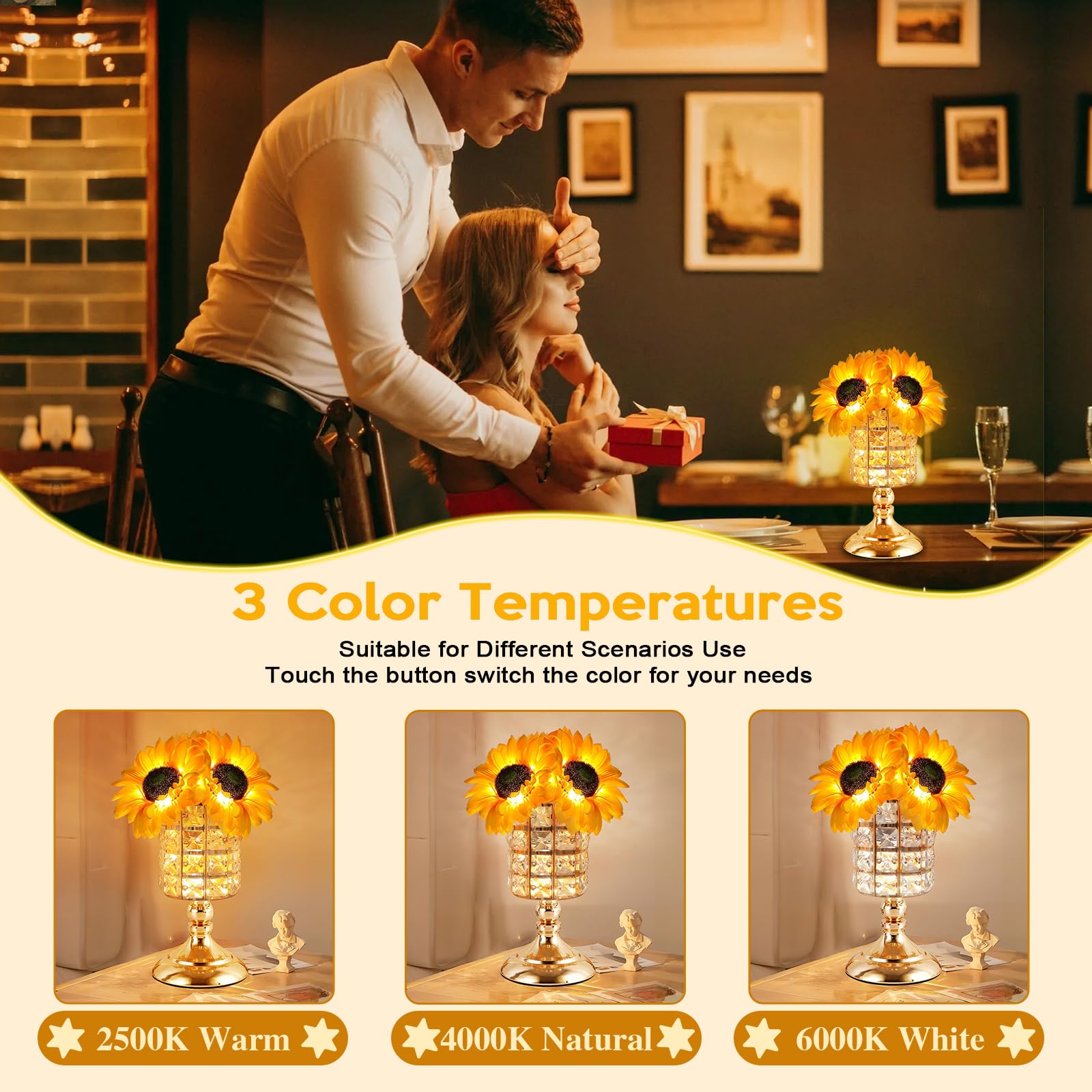 Tynled Sunflower Lamp,Portability Rechargeable Touch Table Lamp,10+ Hours Runtime&3-Colour Infinitely Dimming Sunflower Crystal Table Lamp,Eye Care Small Night Light For Bedside Lamp, For Women