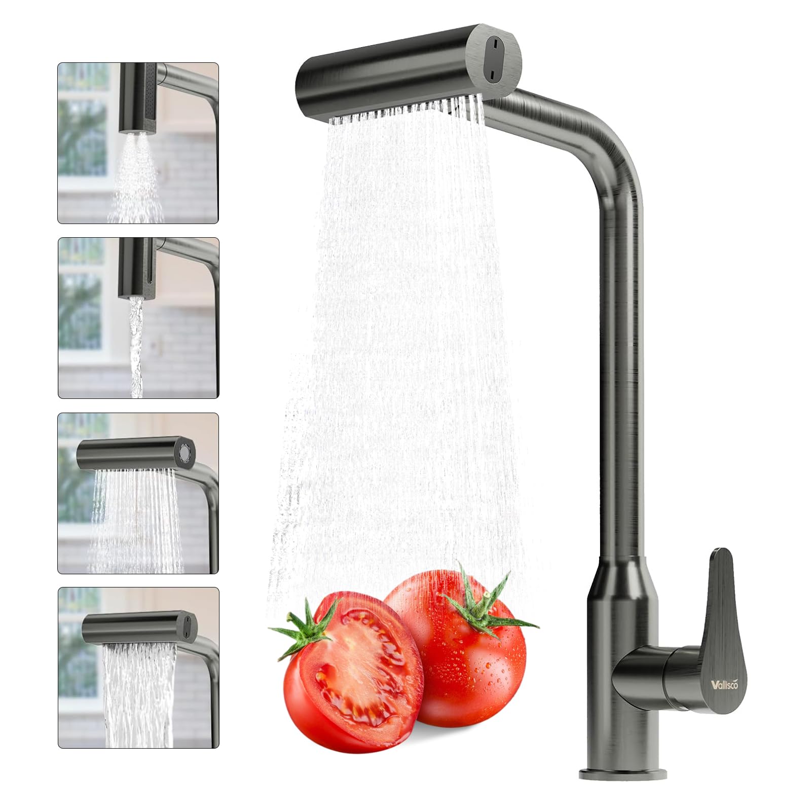 Vallisco Waterfall Kitchen Faucet With Pull Down Sprayer, 4 Modes Function Sprayer Single Handle Sink Faucet,360° Rotatable Kitchen Sink Faucet Easy Installation Commercial Modern Faucets For Kitchen