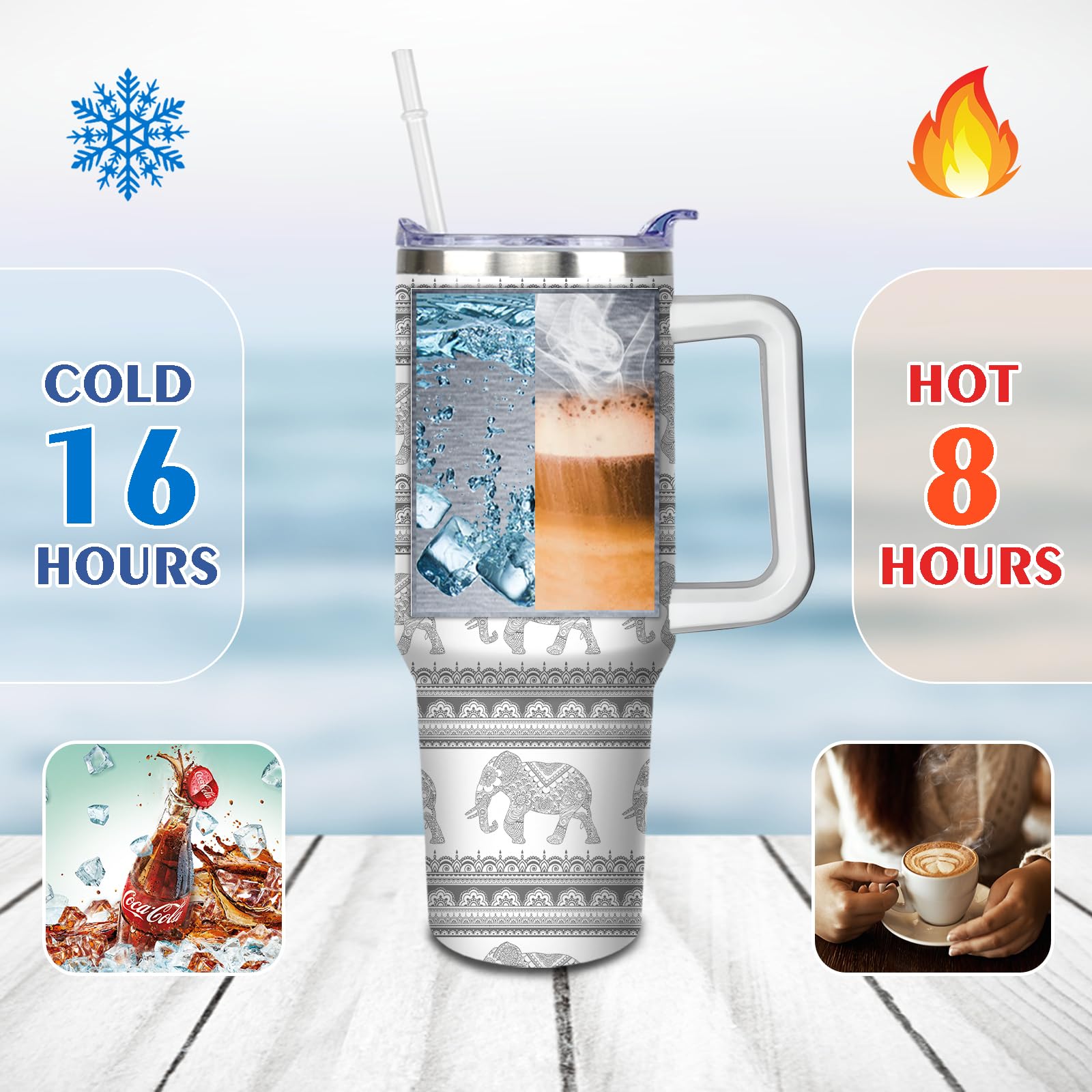 40 Oz Elephant Tumbler With Handle And Straw, Gray Mandala Floral Stainless Steel Vacuum Insulated