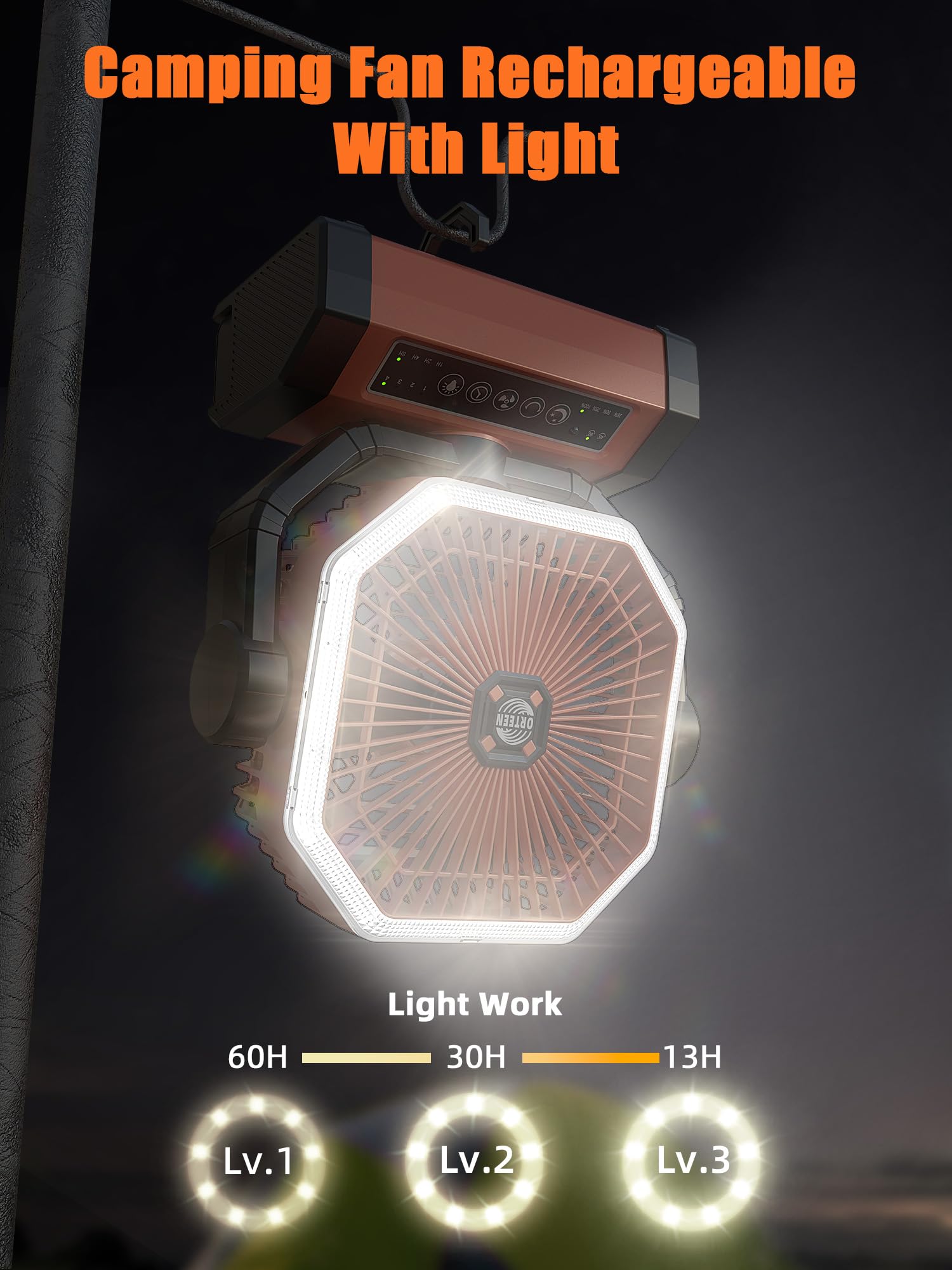 Portable rechargeable battery-powered fan, 20000mAh capacity, 9-inch size for tent and camping cooling