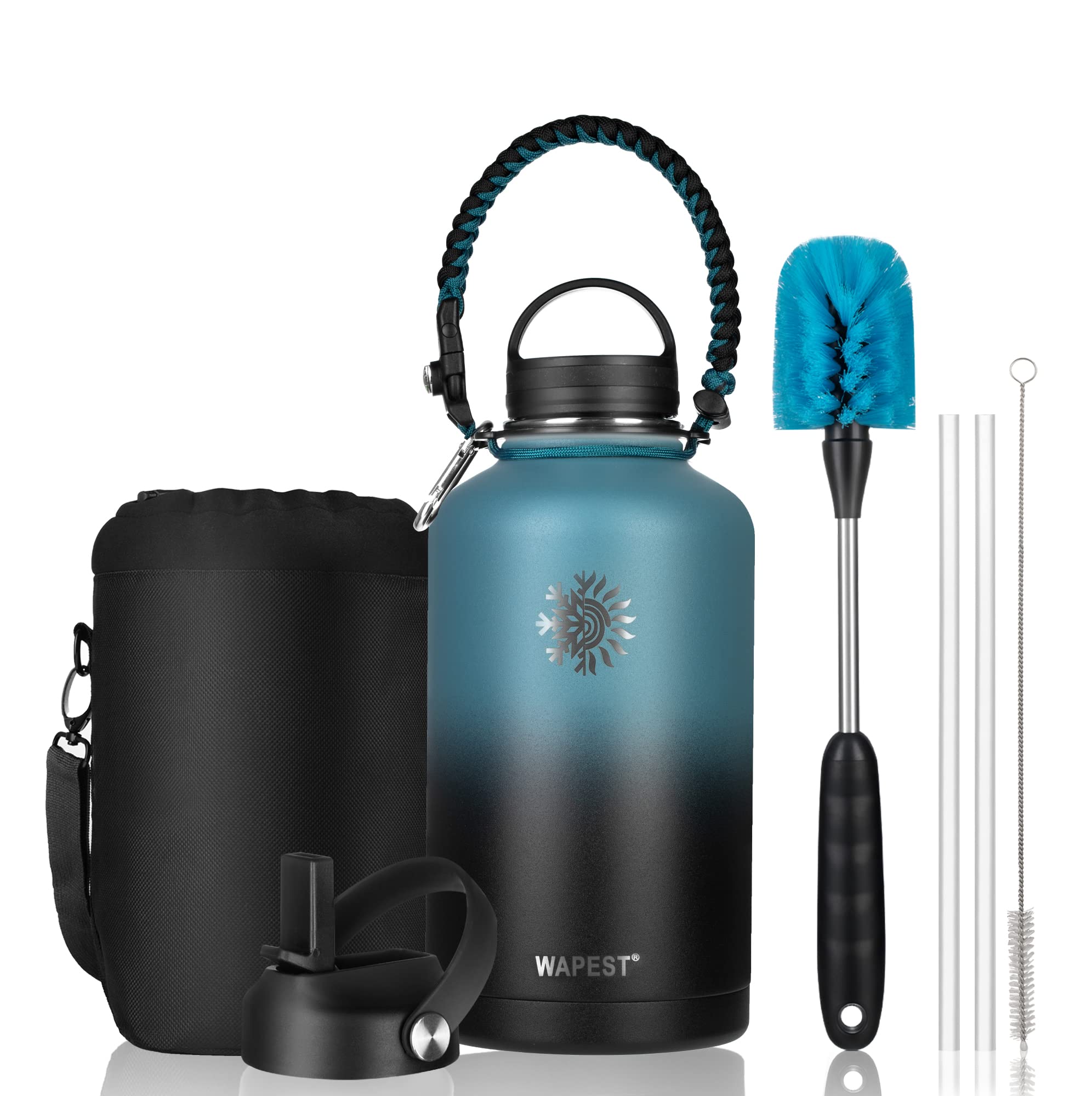 Water Bottle 64 Oz With Paracord Handle & Cleaning Brush, 64 Oz Double Wall Vacuum Metal Stainless