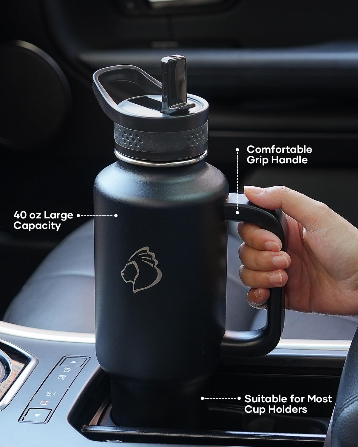 Buzio Insulated Water Bottle With Handle & Flip Straw, 40Oz Metal Travel Tumbler Fits In Cup Holder