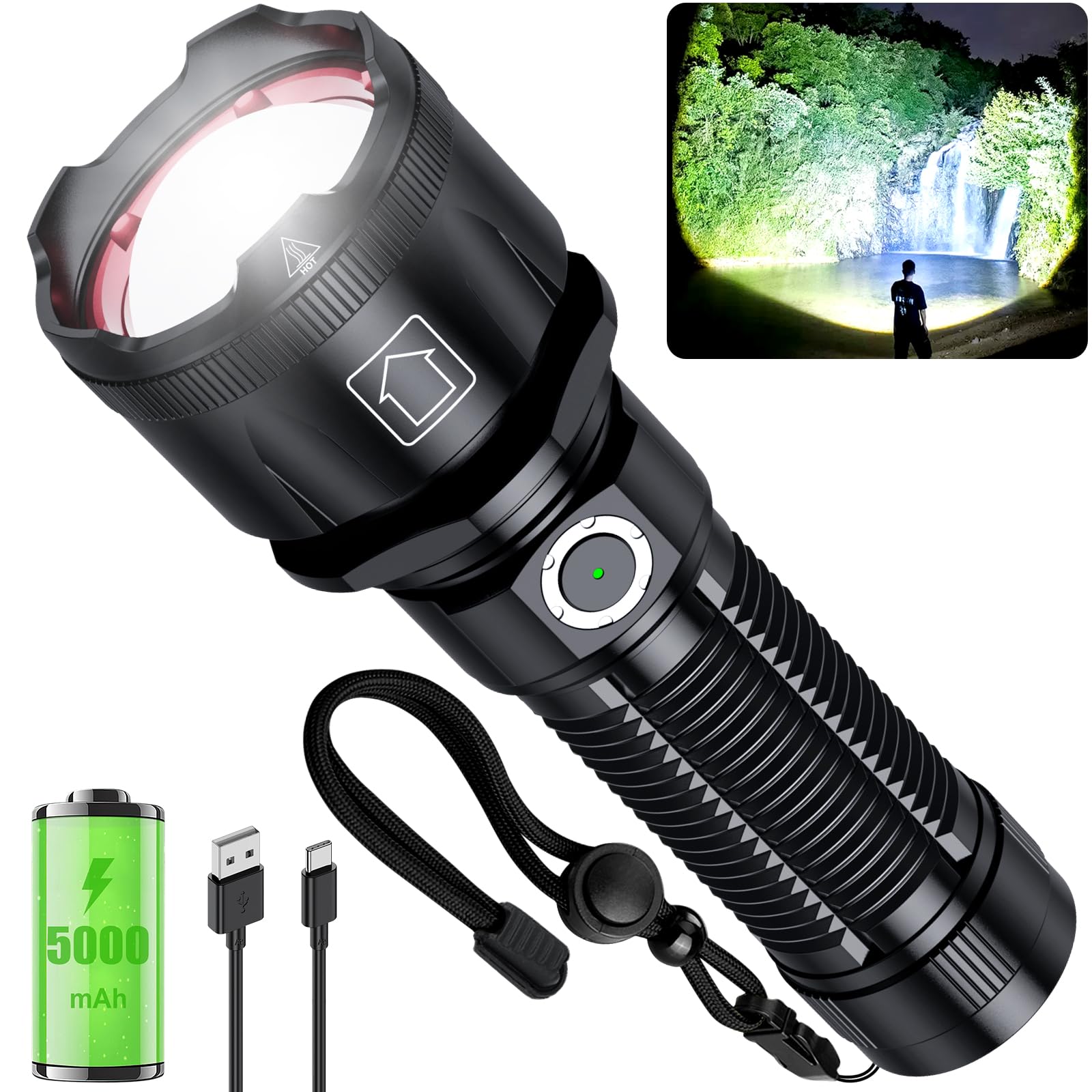 Grentay Flashlights 1800.000 High Lumens, Rechargeable Super Bright Flashlight With 5 Light Modes, Zoomable, Ip67 Waterproof, Powerful Utility Flashlight For Home Emergencies Camping