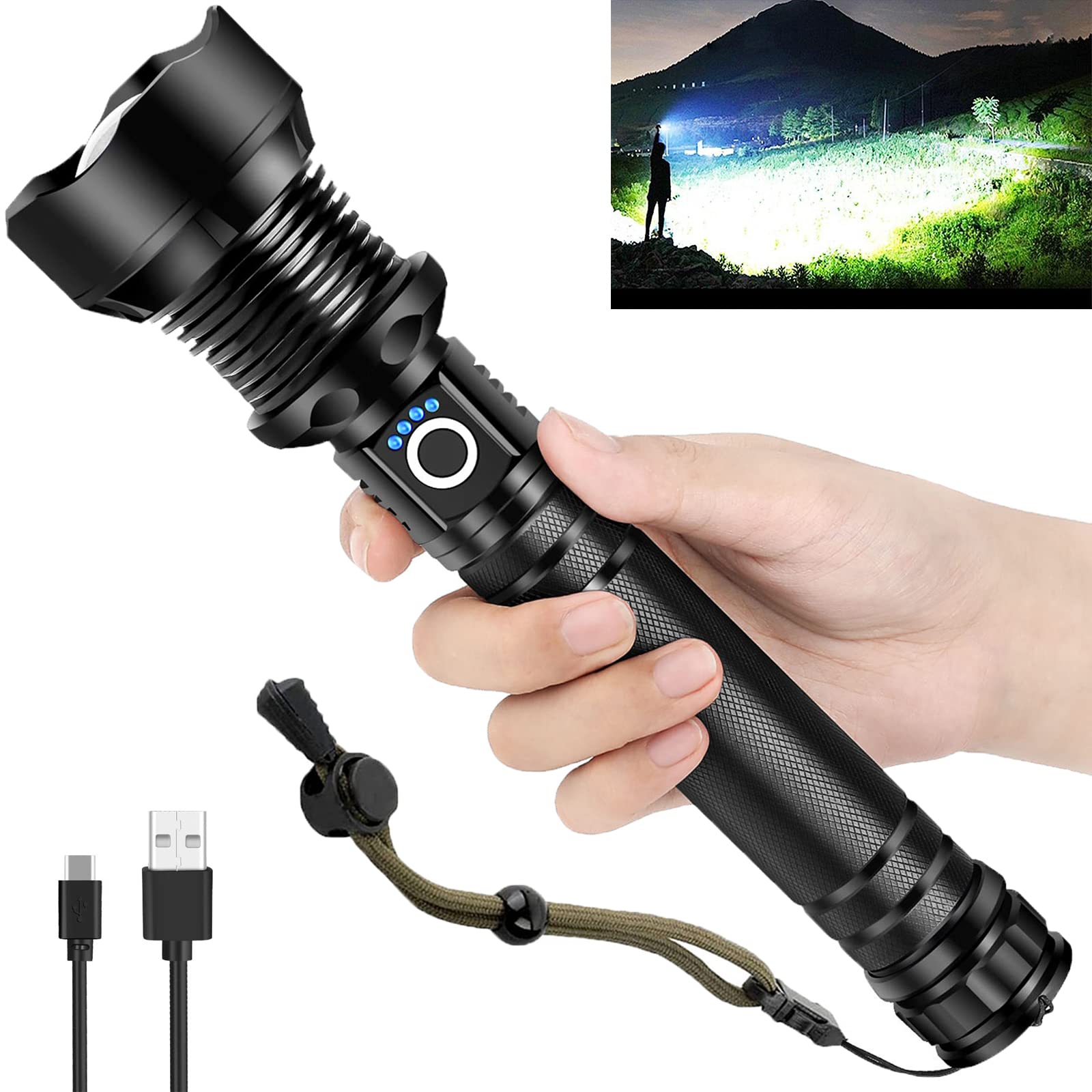 Omalight Rechargeable Led Flashlight, 990000 Lumens Xhp90.2 Super Bright Tactical Flashlights With Zoomable 5 Modes Waterproof Flash Light For Camping Emergencies Outdoor Indoor