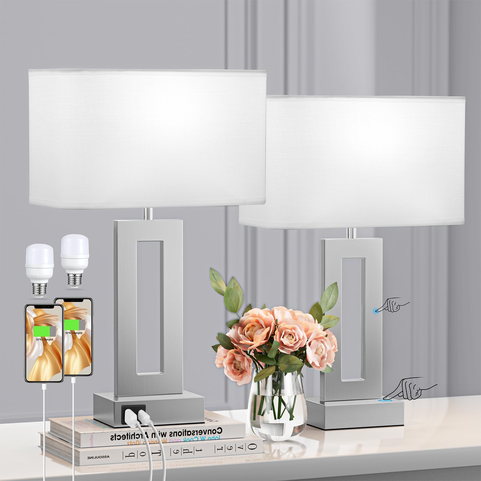 Seealle Bedroom Table Lamps Set Of 2 - White Silver Touch Bedside Lamps With Usb C+A, 3 Way Dimmable Gold Lamp For Nightstand, Modern Night Stands Lamps For Living Room End Tables