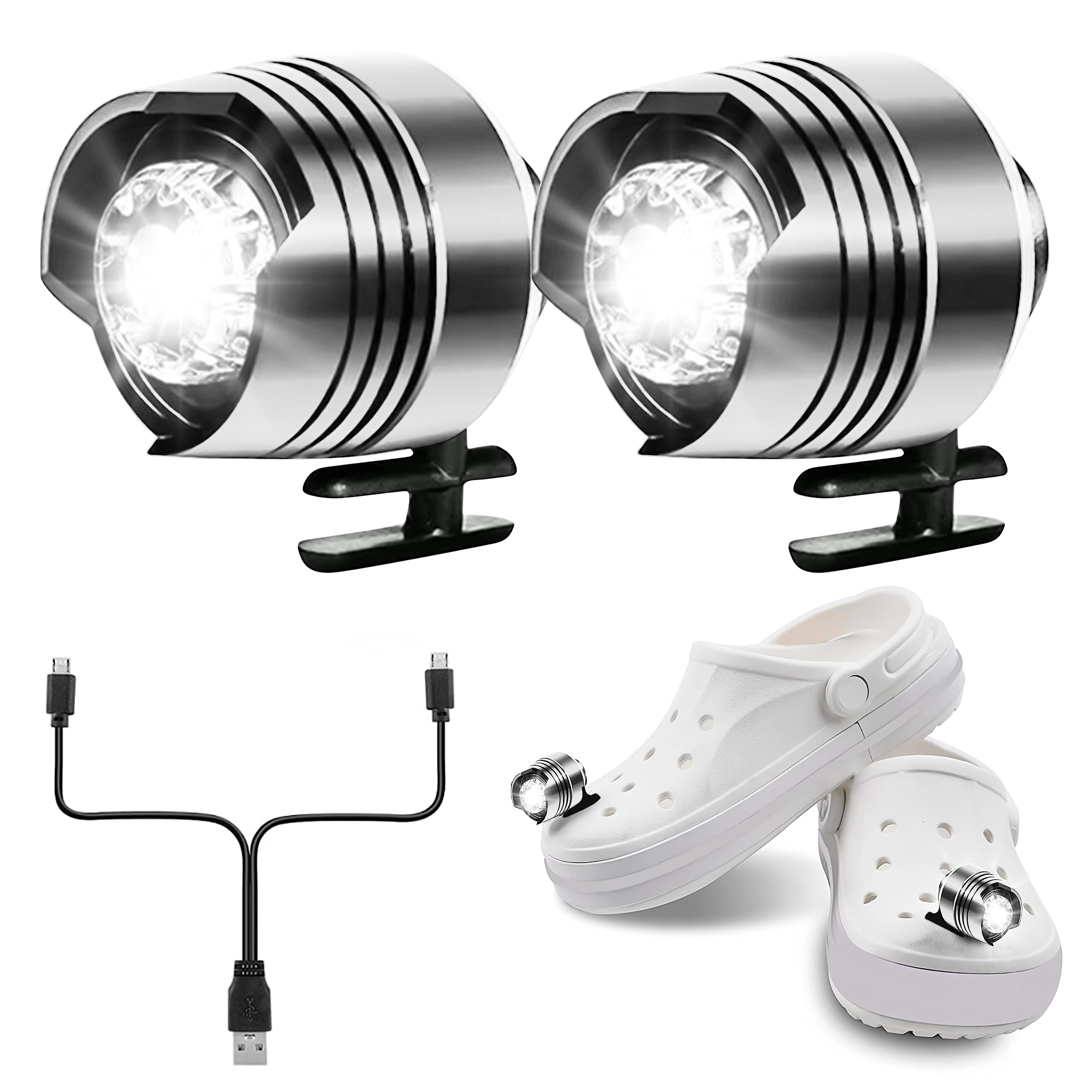 A Akeme Rechargeable Lights For Crocs, 2 Pack Led Lights For Croc, Waterproof Aluminum Alloy Accessories For Crocs, Headlights For Crocs For Boys, Girls, Men, Women, Adults, Kids (Silver)