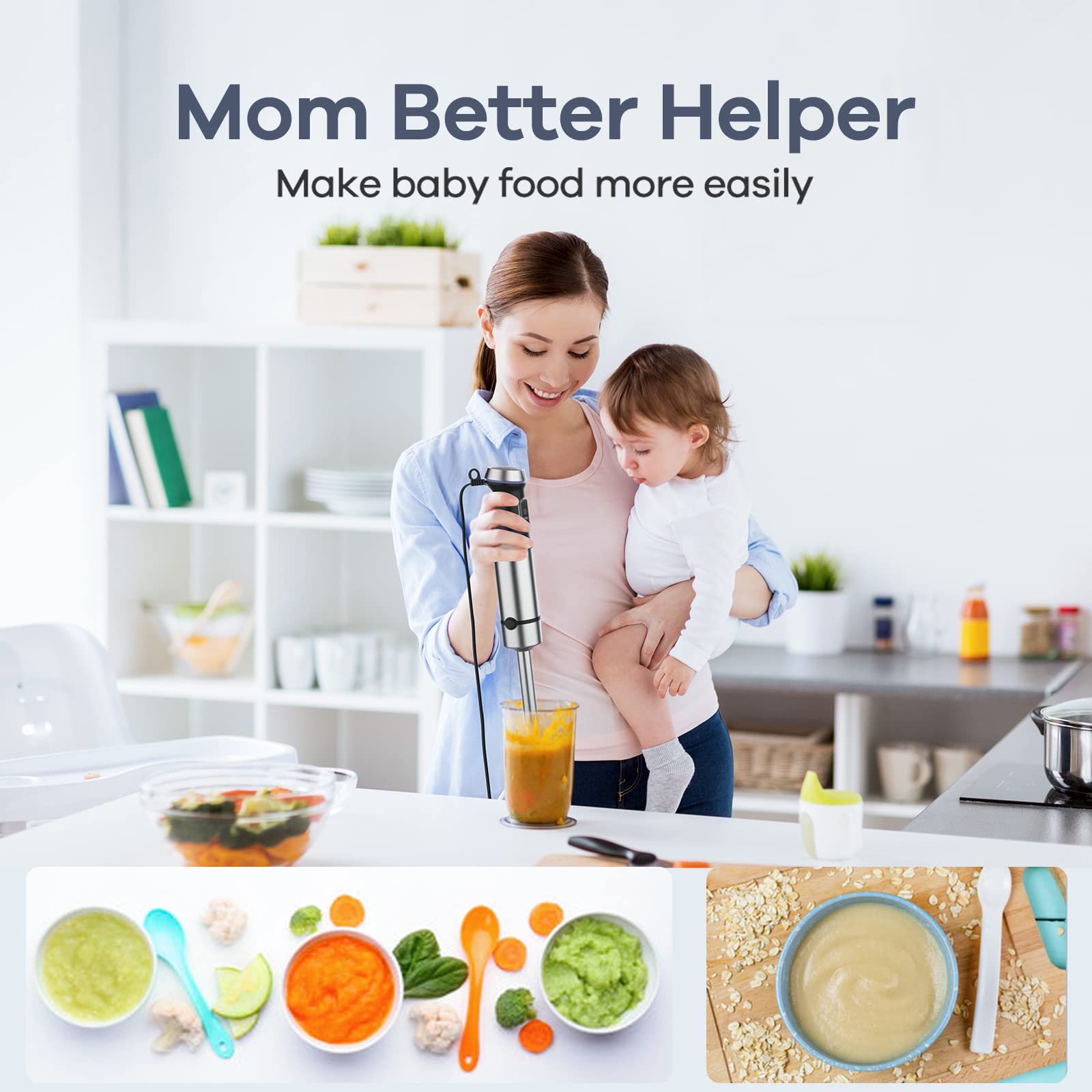 Ganiza Immersion Blender, 5 In 1 & 6 In 1 Corded Hand Blender Stainless Steel Blade, 16 Speed Immersion Blender Handheld With 800Ml Mixing Beaker, 600Ml Chopper, Whisk, Frother, Potato Masher