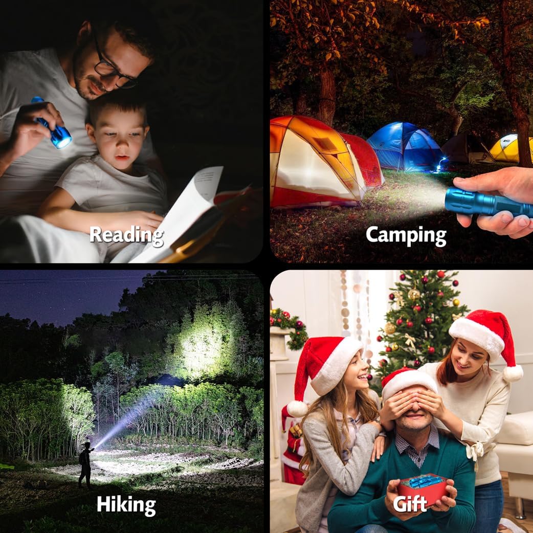 Kunhe 140 Lumen 2 Pack Led Portable Handheld Flashlight 3 Modes Zoomable High Bright Waterproof Pocket Small Flashlight For Emergency And Outdoor Use Camping Accessories With 6 Aaa Batteries Blue