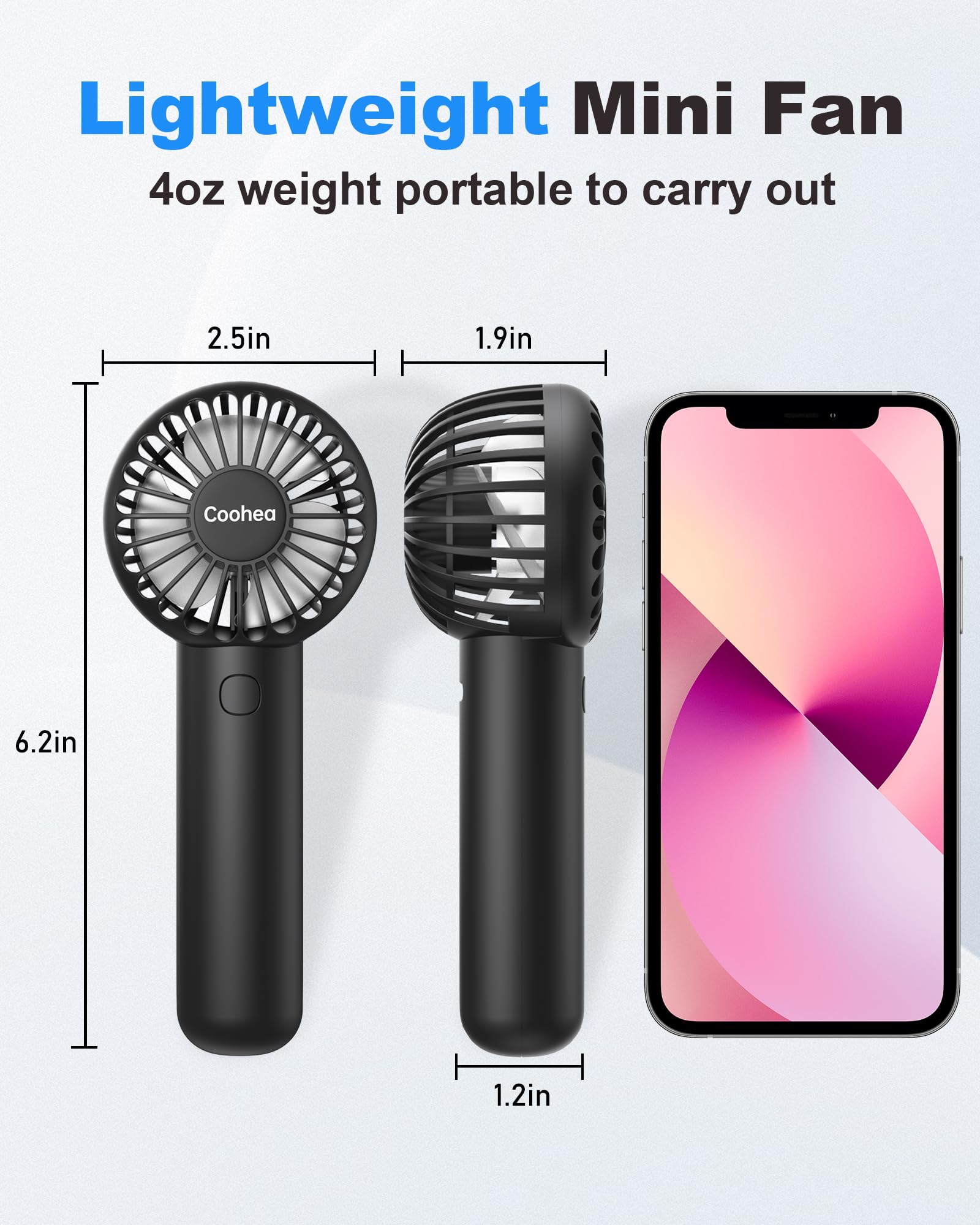 Rechargeable mini fans in pink and black ideal for travel, indoor, and outdoor use