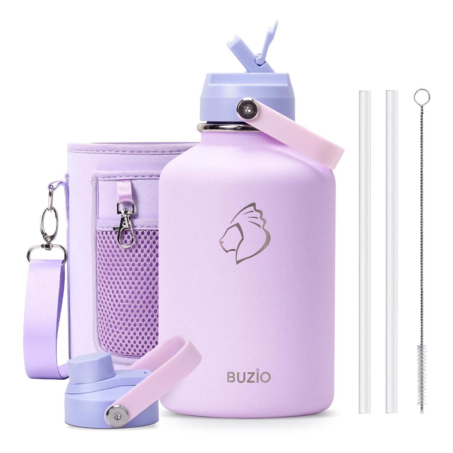 64Oz Insulated Water Bottle, Buzio Half Gallon Water Jug Stainless Steel With Straw Lid And Carryin