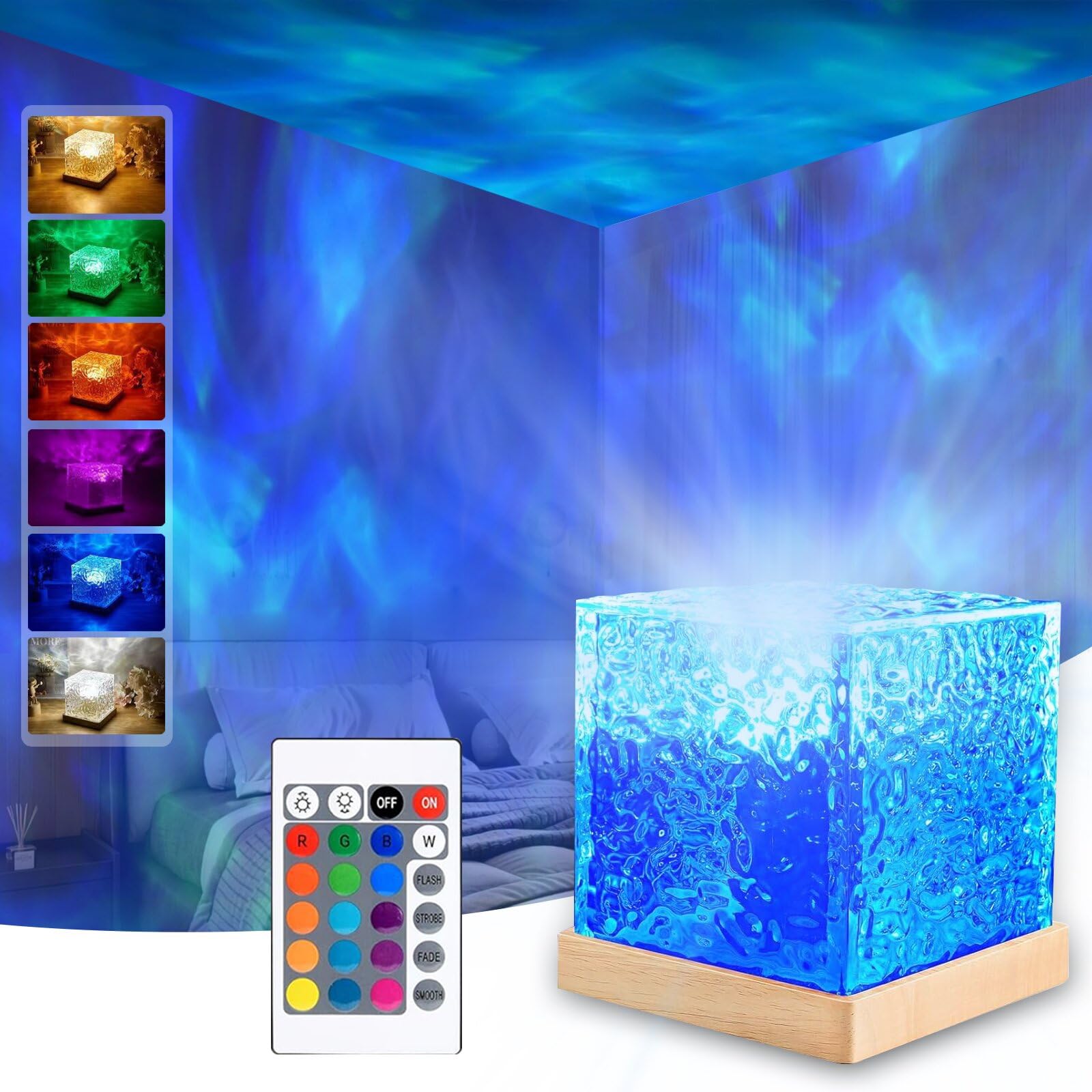 Tgywchy Ocean Wave Projector Lamp,Northern Lights Aurora Projector Light,16 Colors Gradual Rotating Flame Water Lamp,Cube Night Light With Remote Control For Living Room Bedroom Decor Hotel, Etc