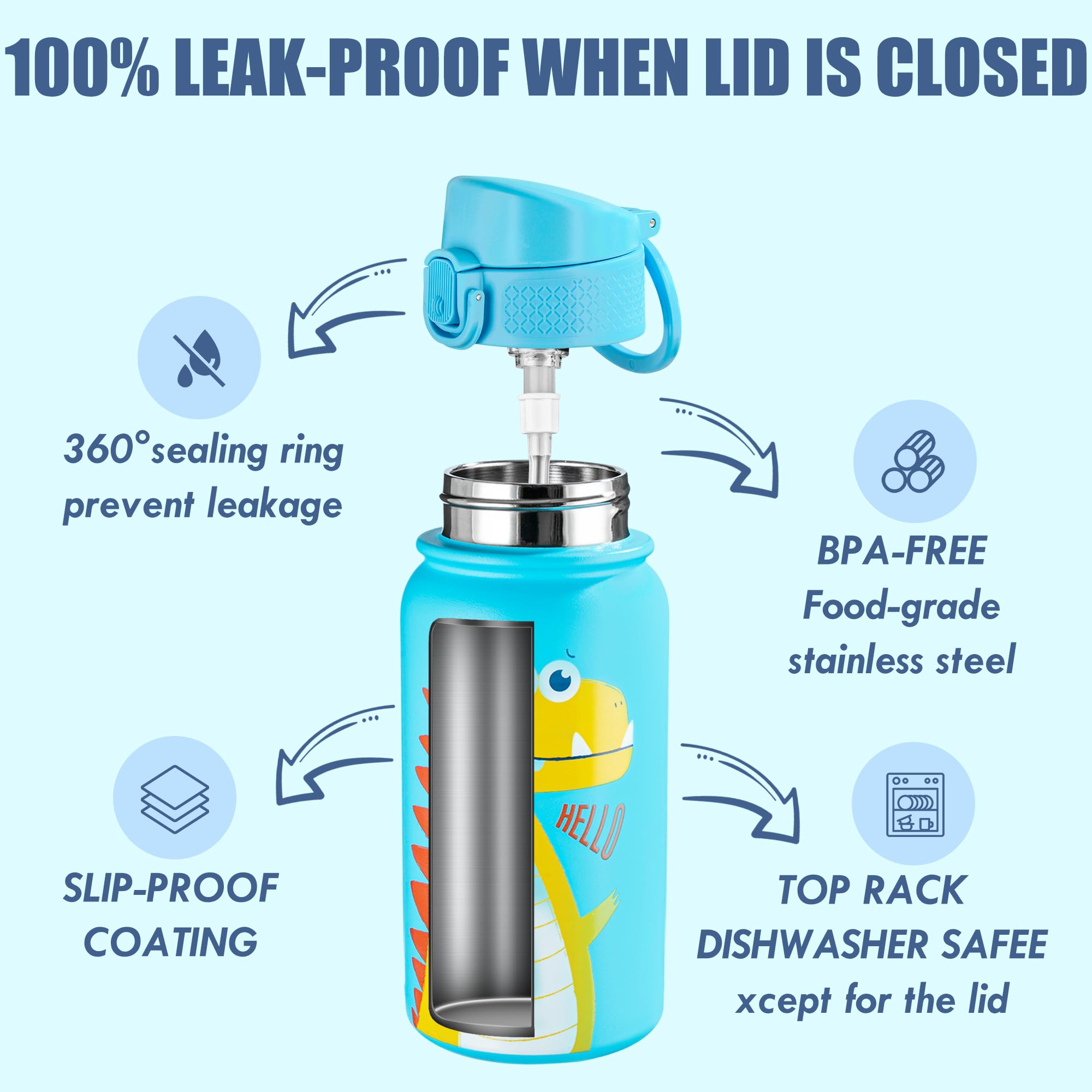 Oldley 12Oz Kids Water Bottle, Stainless Steel Insulated Water Bottle For Kids, With Straws