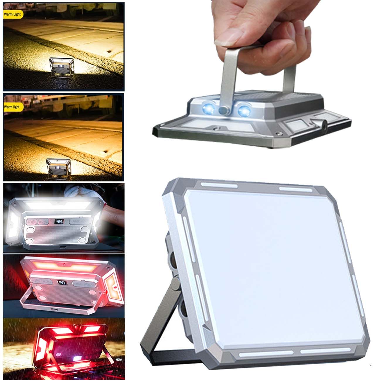 Helinyan Outdoor Multifunctional Led Work Light, Rechargeable Usb Camping Flashlight,7 Mode Xpe Progressive Dimming White Warm Red Power Display Hand Lighting For Camping, Maintenance,Fishing,Hiking.