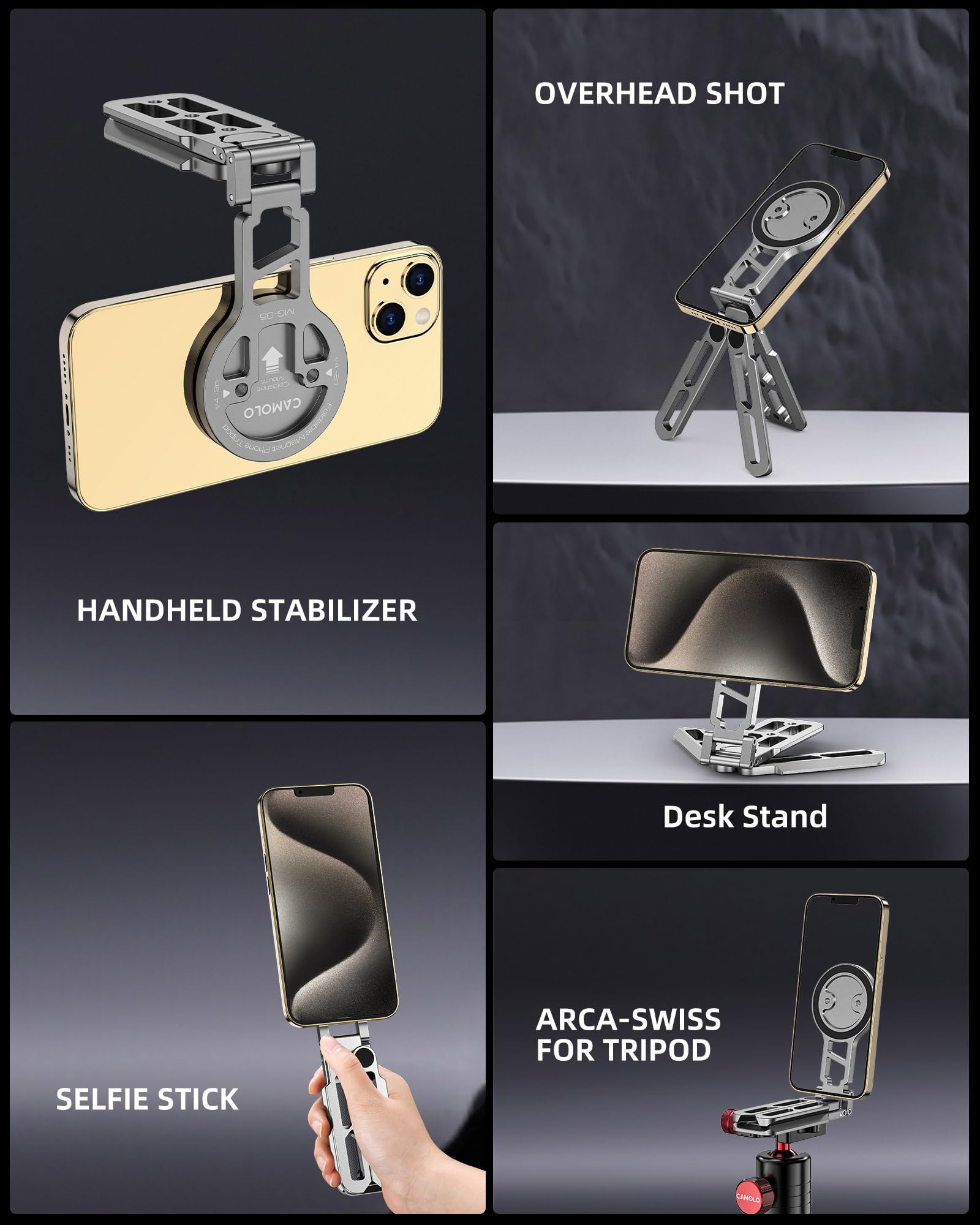Camolo Magsafe Tripod, Foldable Phone Holder, Desk Stand, Arca-Swiss & Cold Shoe Mount For Iphone 16/15/14/13/12, Video & Travel
