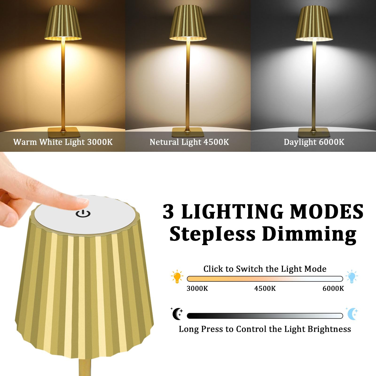 Yinduz Gold Cordless Table Lamp, 5000Mah Rechargeable Battery Desk Lamp, 3 Color Stepless Dimming Up,Battery Operated Lamp For Living Room/Bedroom/Restaurant/Camping