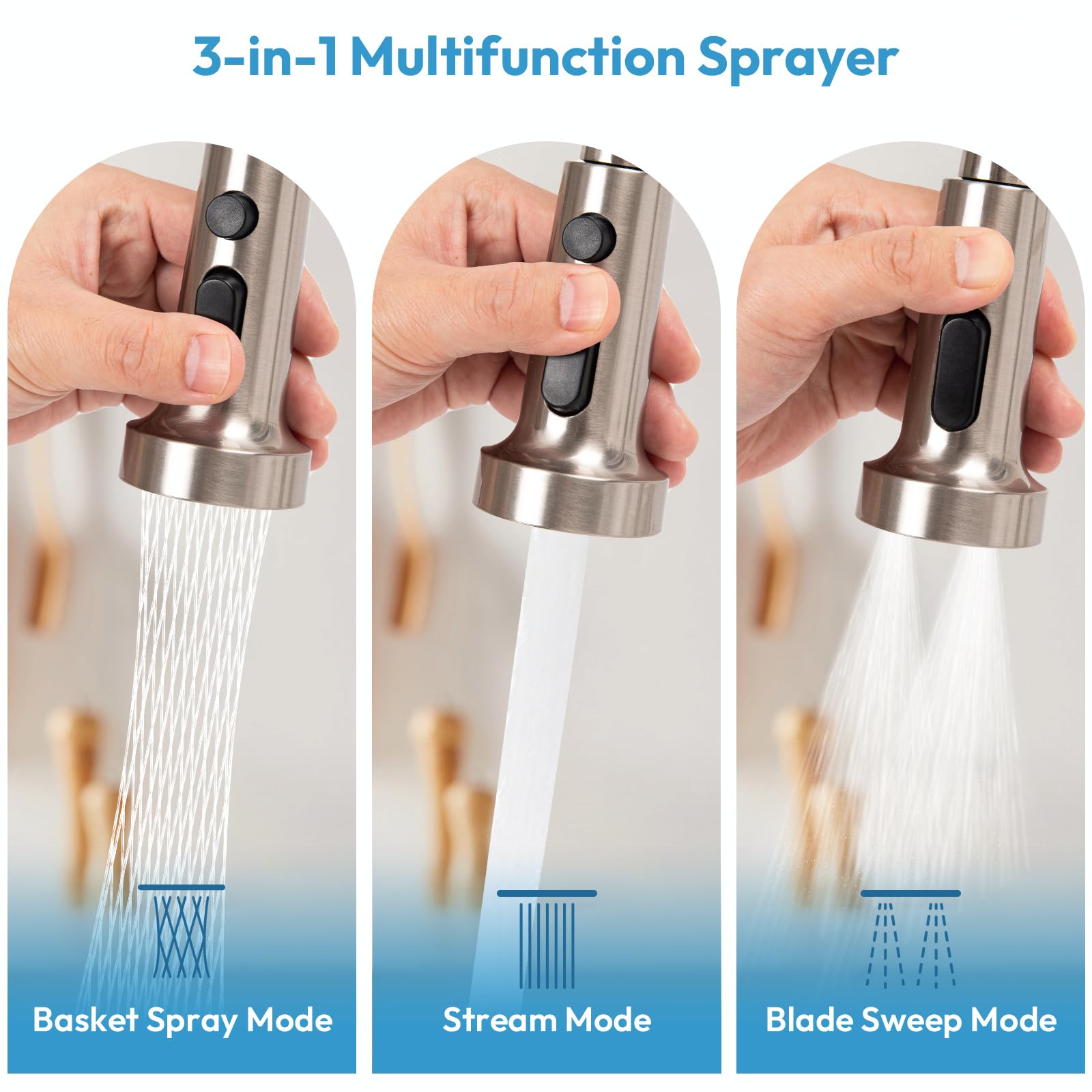 Besdor Wall Mount Kitchen Faucet, 8 Inch Center Wall Mount Faucet With Pull Down Sprayer, Commercial Spring Wall Faucet For Kitchen Sink, 3 Functions, Dual Handle, 304 Stainless Steel, Brushed Nickel