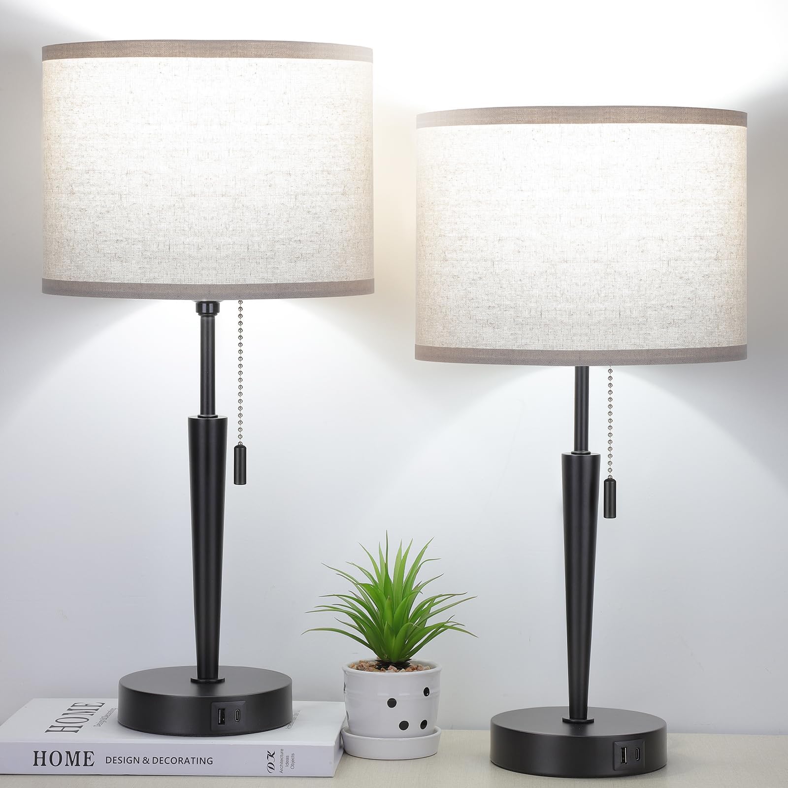Ggoying Set Of 2 Bedside Table Lamp, Pull Chain Nightstand Lamps With Usb C Charging Ports, 5000K Led Bulb, Round Fabric Linen Lampshade For Livingroom,Bedroom,Home