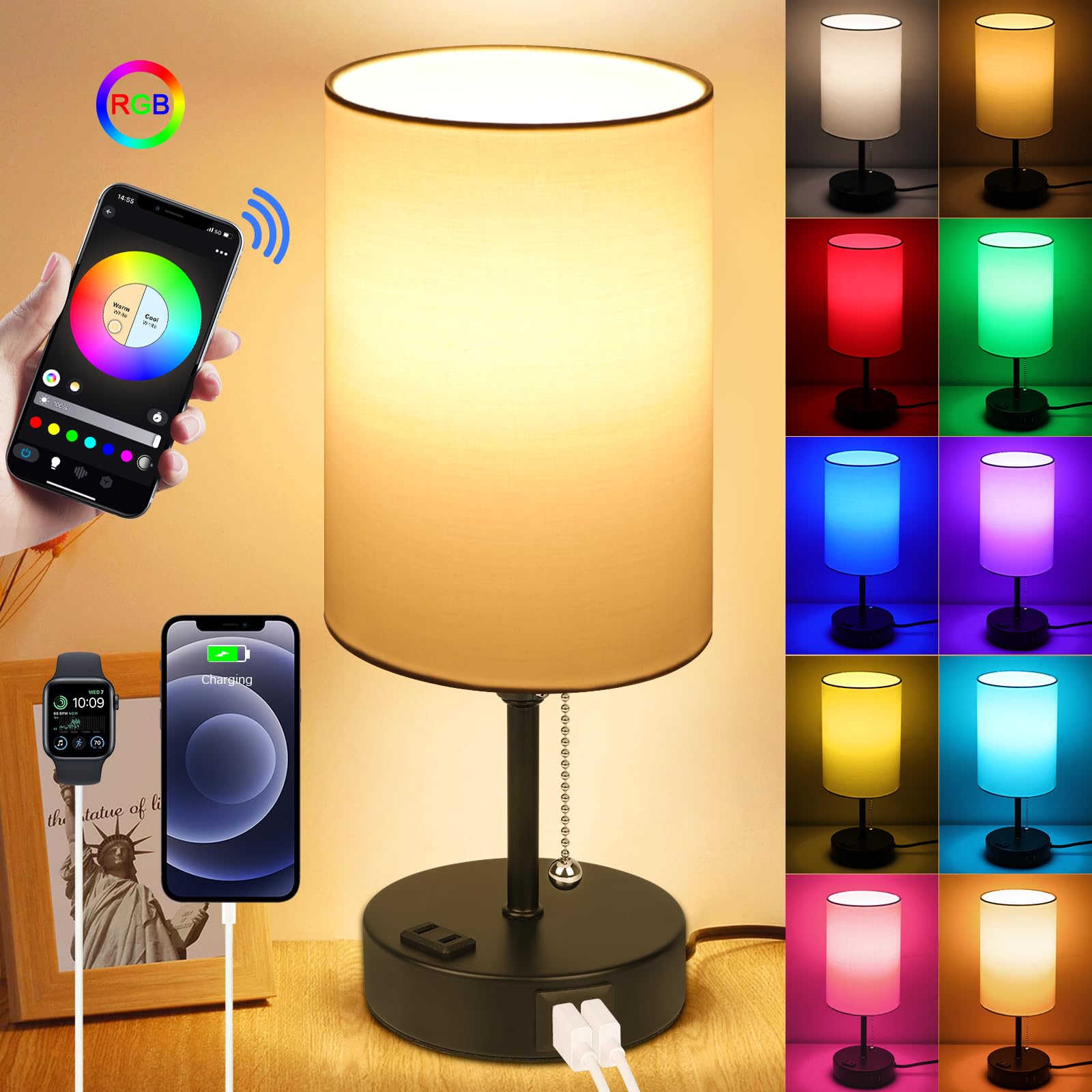 Abboraunt Rgb Smart Bedside Lamp For Bedroom Nightstand Lamp With 2 Usb Port And Outlet, Color Changing Bed Table Lamp With Voice & App Control & Music Sync, Night Stand Wifi Rgb Led Bulb Included