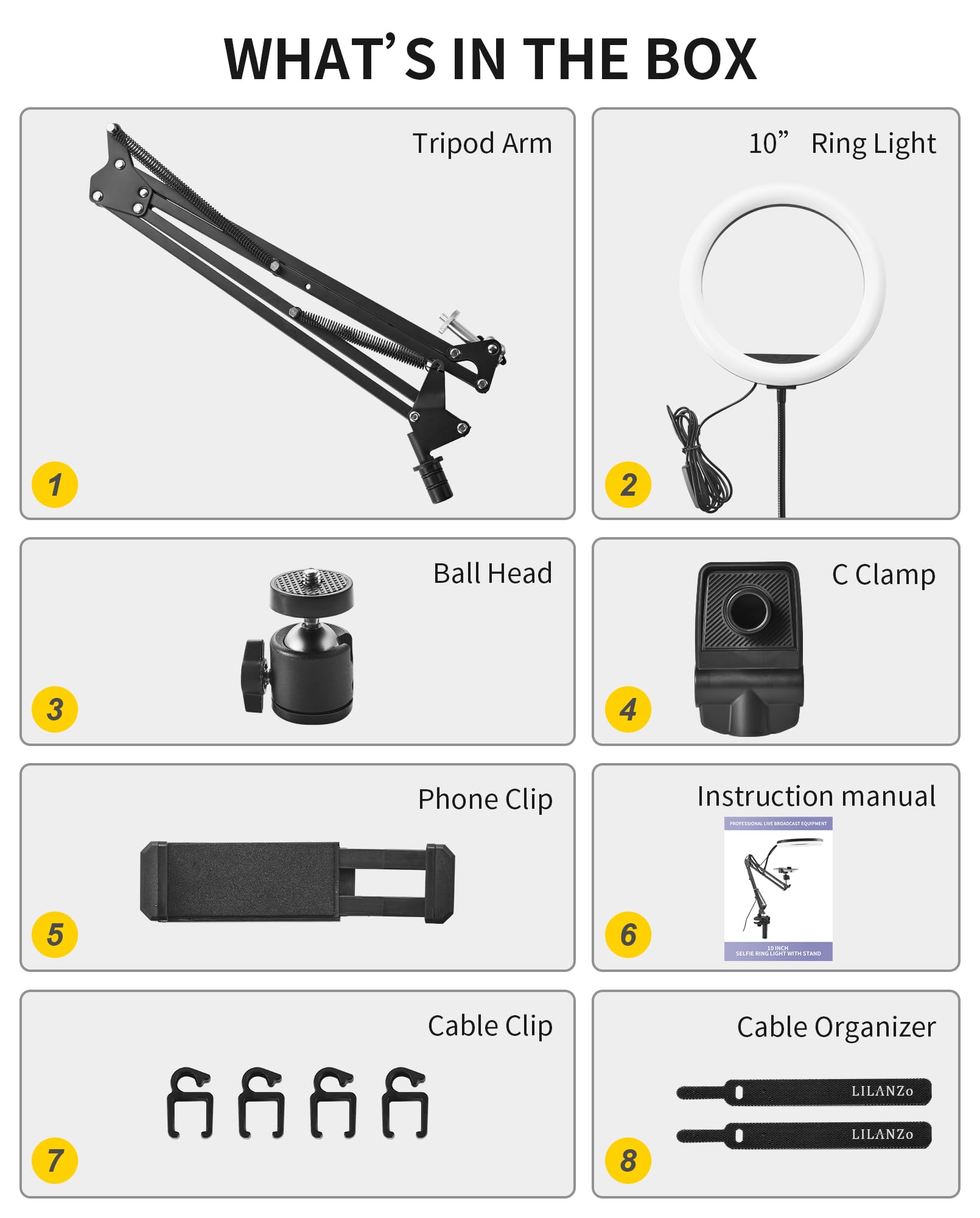 Lilanzo Overhead Camera Phone Mount, 10" Desk Ring Light For Computer, Overhead Tripod Phone Mount For Iphone Live Streaming/Laptop Conference/Chat/Makeup/Youtube/Tiktok/Vlog