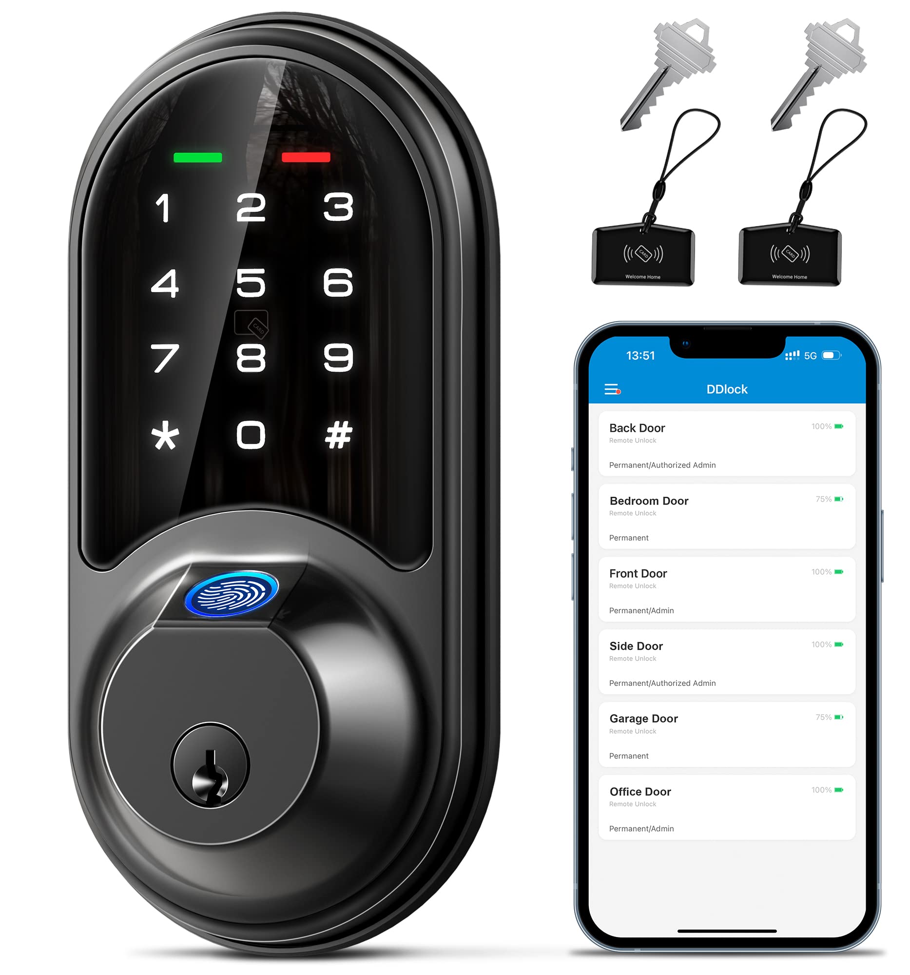 Veise Rz07 Smart Lock, Fingerprint Door Lock, 7-In-1 Keyless Entry With App Control, Electronic Touchscreen Keypad Deadbolt, Biometric Smart Locks For Front Door, Matte Black