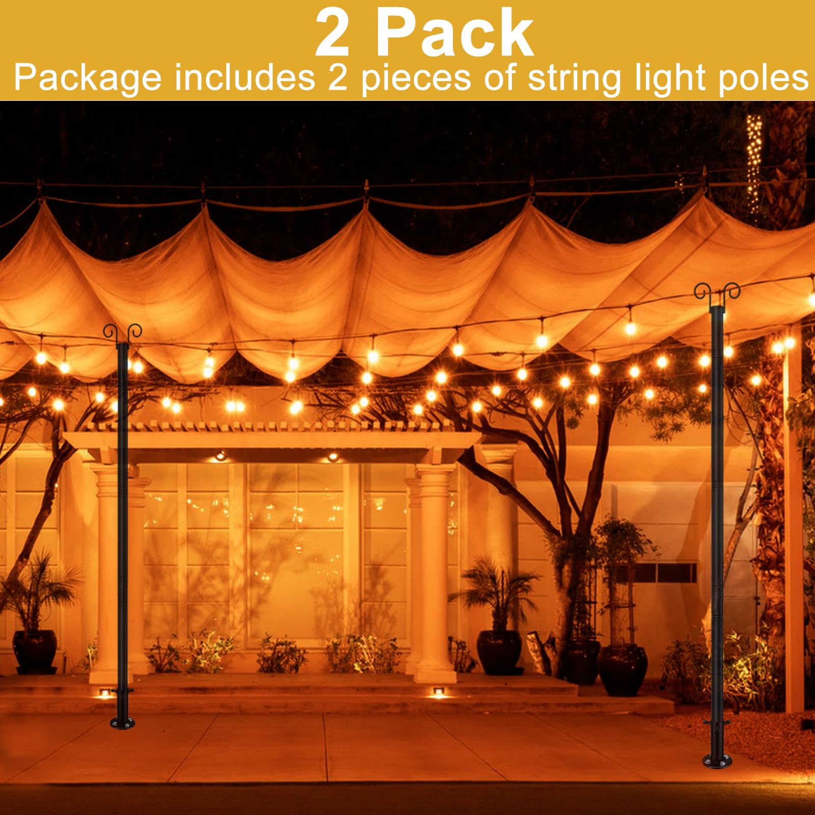 Oliynedy String Light Poles For Outside Deck 2 Pack 8Ftheavy Duty Metal Garden Outdoor Light Poles For Solar String Light Bulbs Hanging Kit For Yard Garden Fence Post Deck Party Wedding
