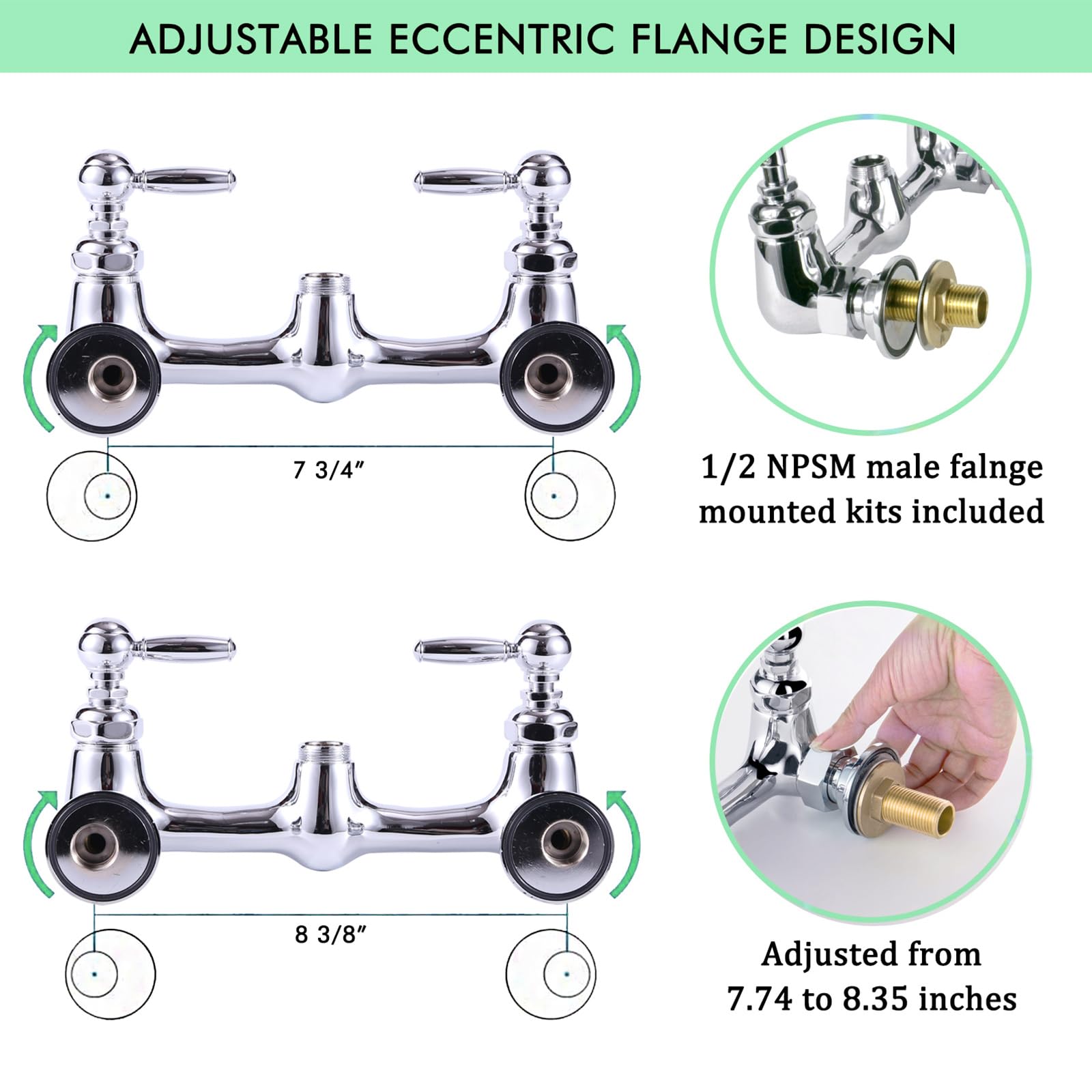 Golrean Commercial Faucet With Pre Rinse Sprayer, Wall Mount Kitchen With 12" Add-On Swing Spout 8 Inch Center Commercial Sink Faucet Pull Down Sprayer For Industrial, Restaurant, Sink, Brass, 25" Height