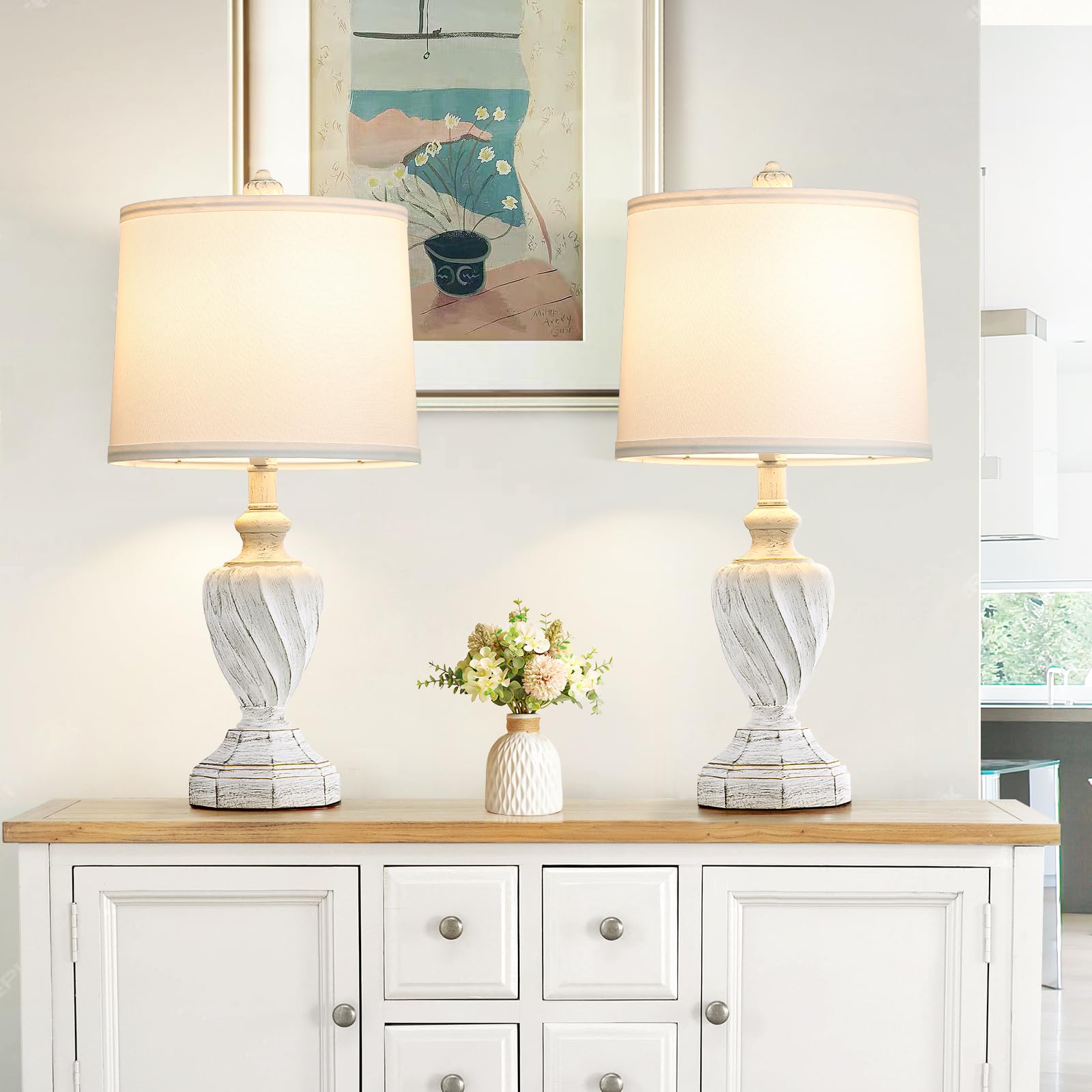 Spclsim 22.4" Farmhouse Table Lamps For Bedrooms Set Of 2, Rustic Resin End Table Lamps For Living Room Gold Trim Base, Bedside Nightstand Lamps, Bulbs Included