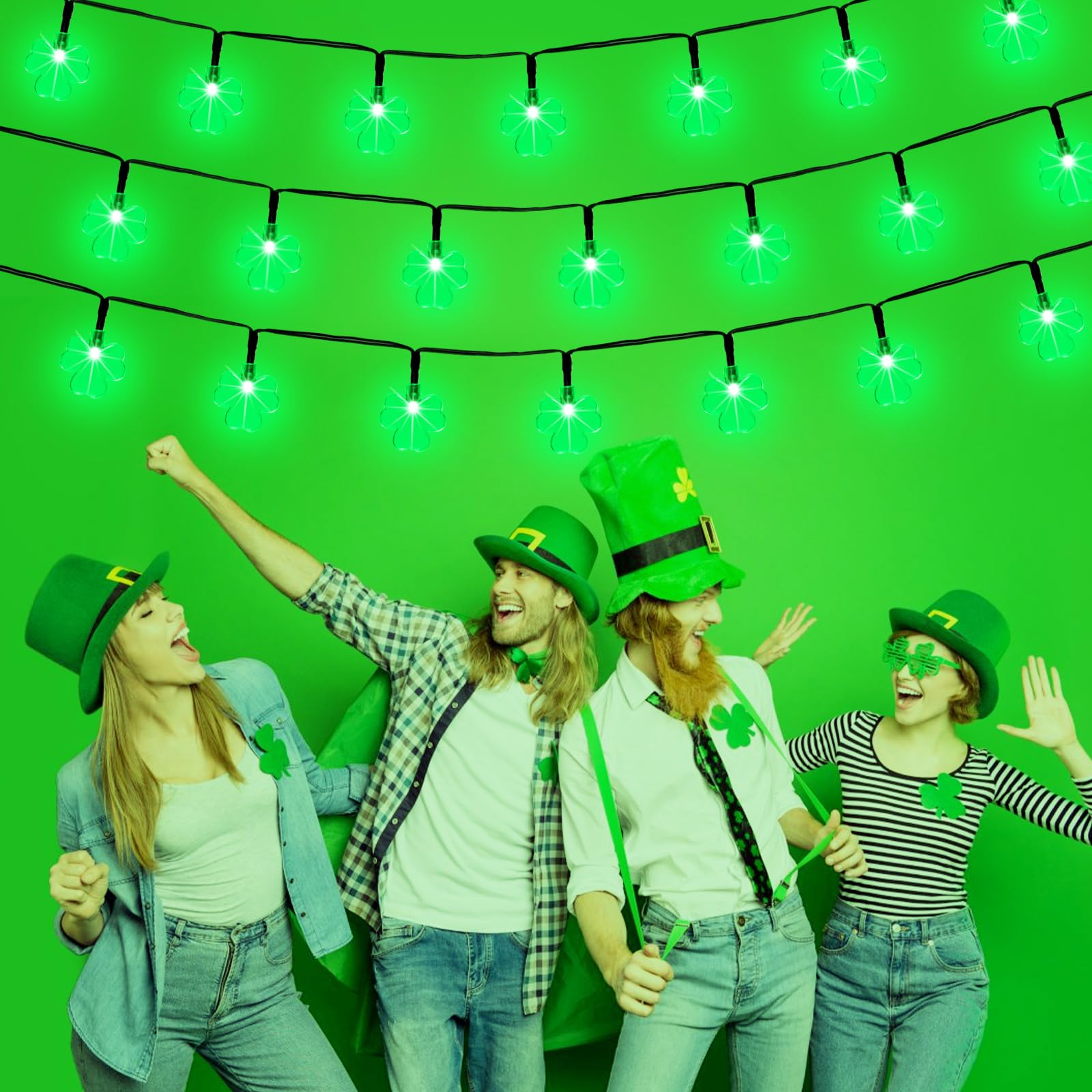 X-Giftkey St. Patrick'S Day Decor Solar Shamrock String Lights, 50Led Green, Outdoor, 19Ft