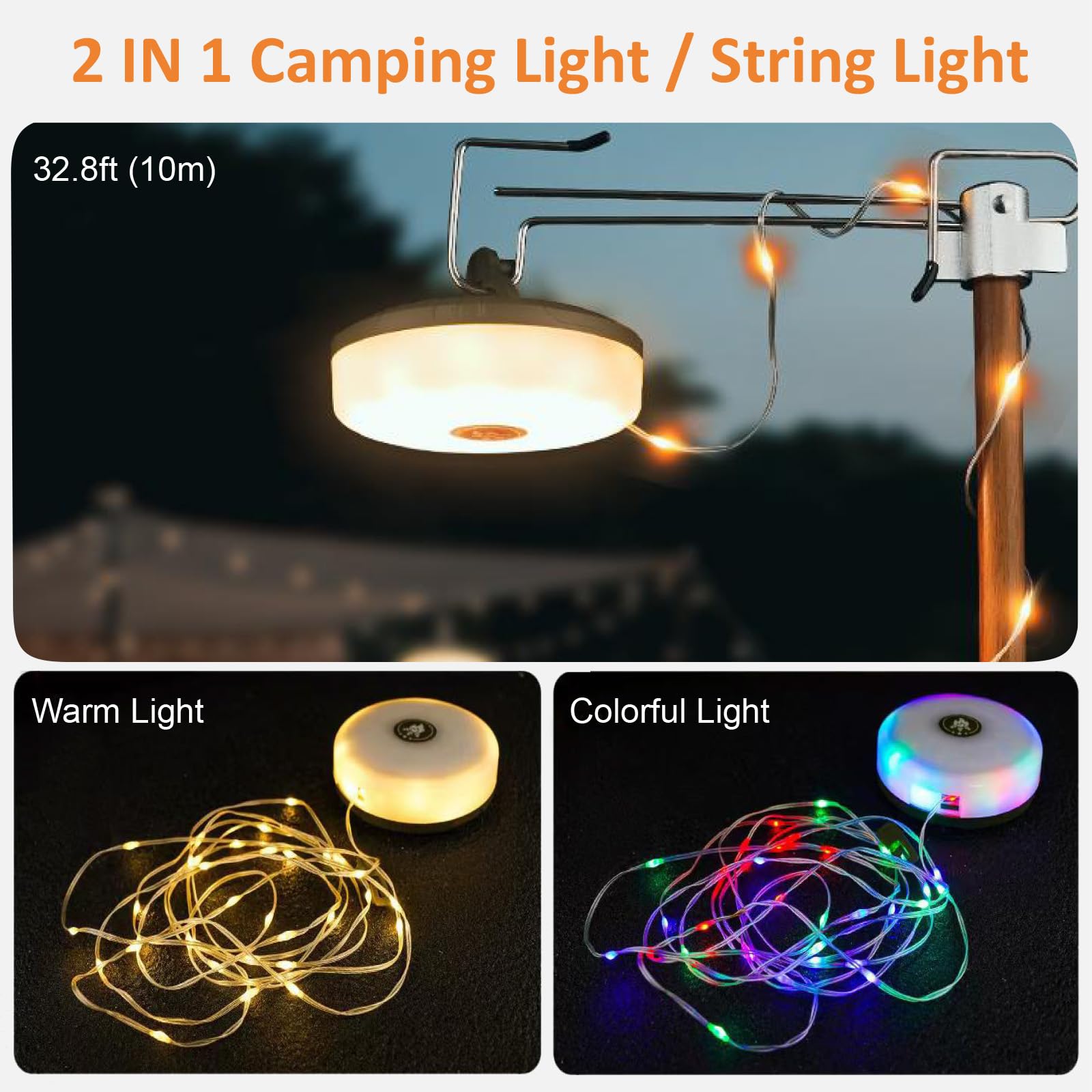 Venqibyz Camping String Lights, 4 In 1 Outdoor Camping Lantern With 8 Lighting Modes, Quick Storage, Camping Essentials Gear 32.8Ft Lamp Lights Waterproof, Rechargeable Tent Lights For Garden Hiking Christmas