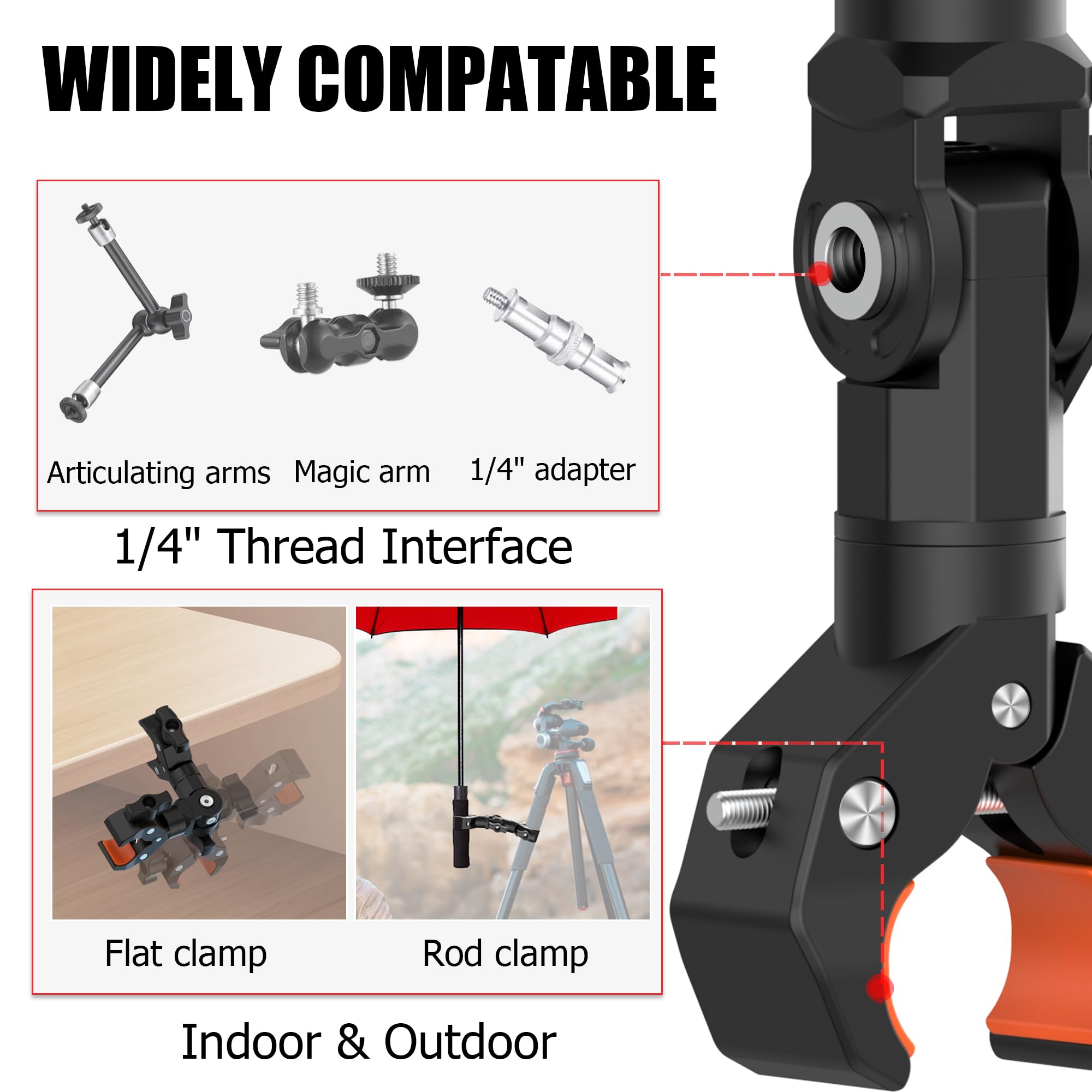 Rgbtek Double Clamp Mount Bracket Magic Arm With 1/4" Screw Interface, Double Camera Clamp For Umbrella Clamp, Photo Studio Light Stand, Bike, Motorcycle, Pole, Cross Bars, Chair, Photography Reflector, Flag