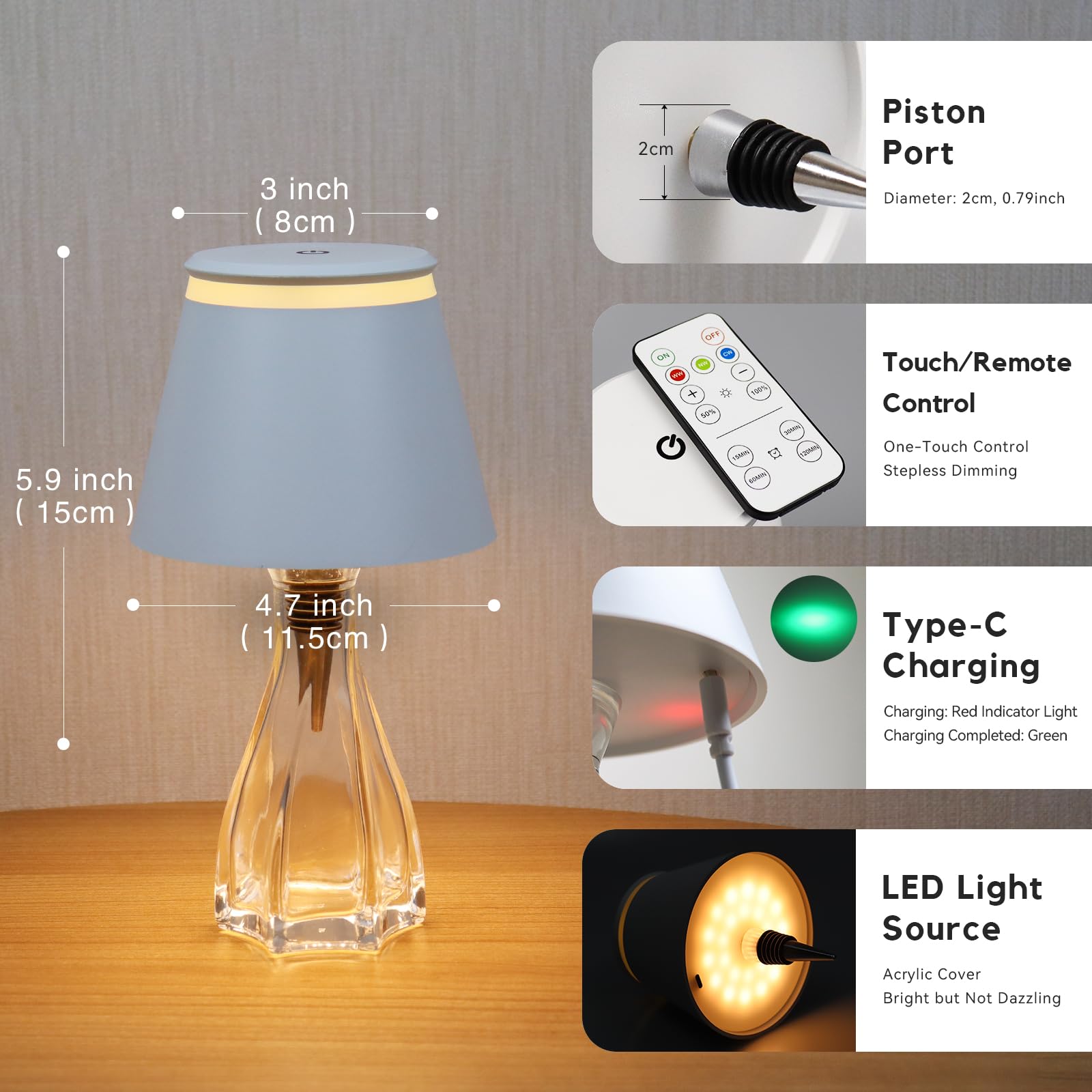 Yupola Wireless Bottle Lamp With Remote,Cordless Lamp Shade Dimmable For Wine Bottles,Rechargeable Battery Operated Touch Control Bottle Light For For Bedroom,Restaurant,Bar,Camping. (White, 2 Pcs)