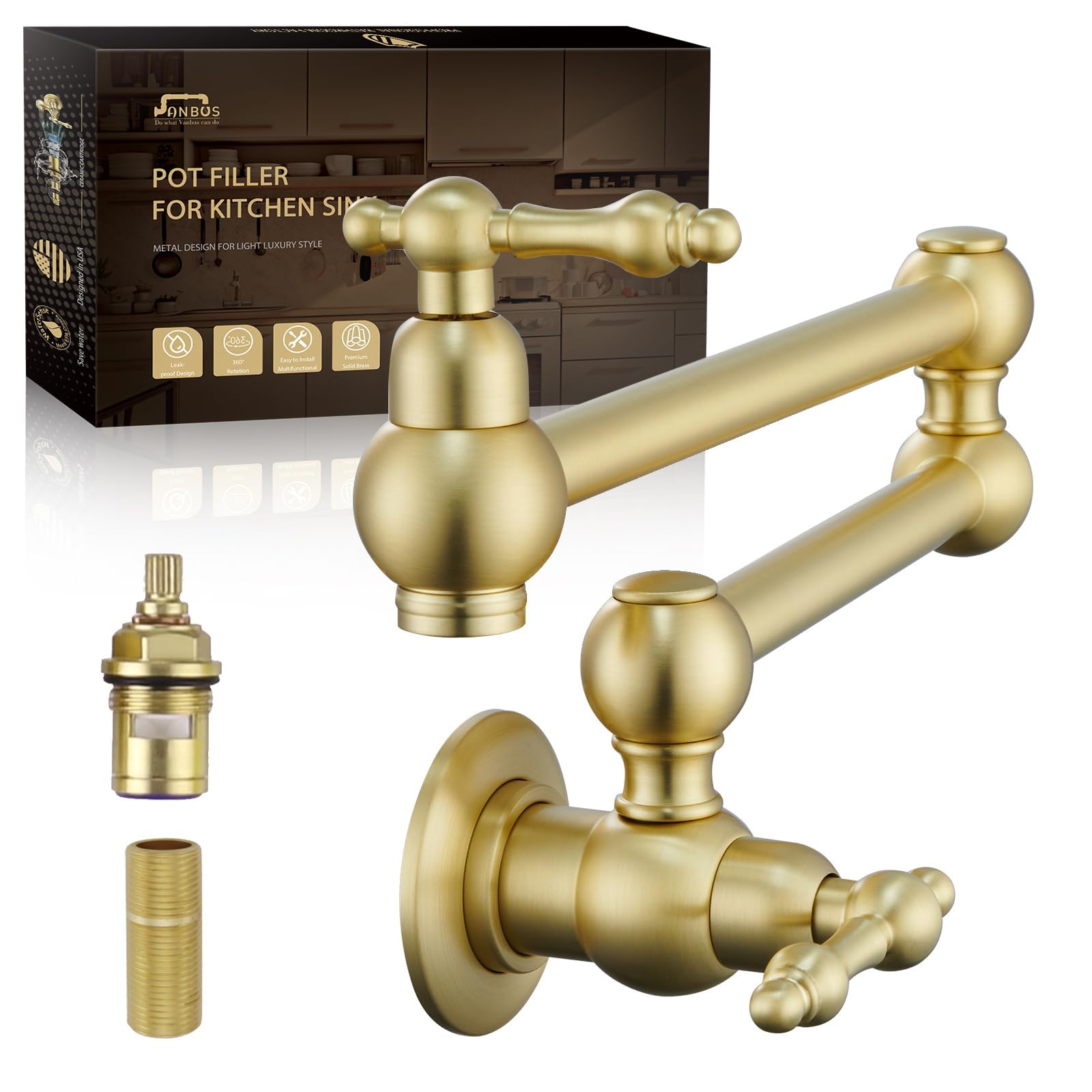 Vanbus Kitchen Pot Filler Faucet, Dual Valve Wall Mount Pot Filler Faucet, Potfiller, Two Handles Strechable Double Joint Swing Arms (Vintage, Brushed Gold)