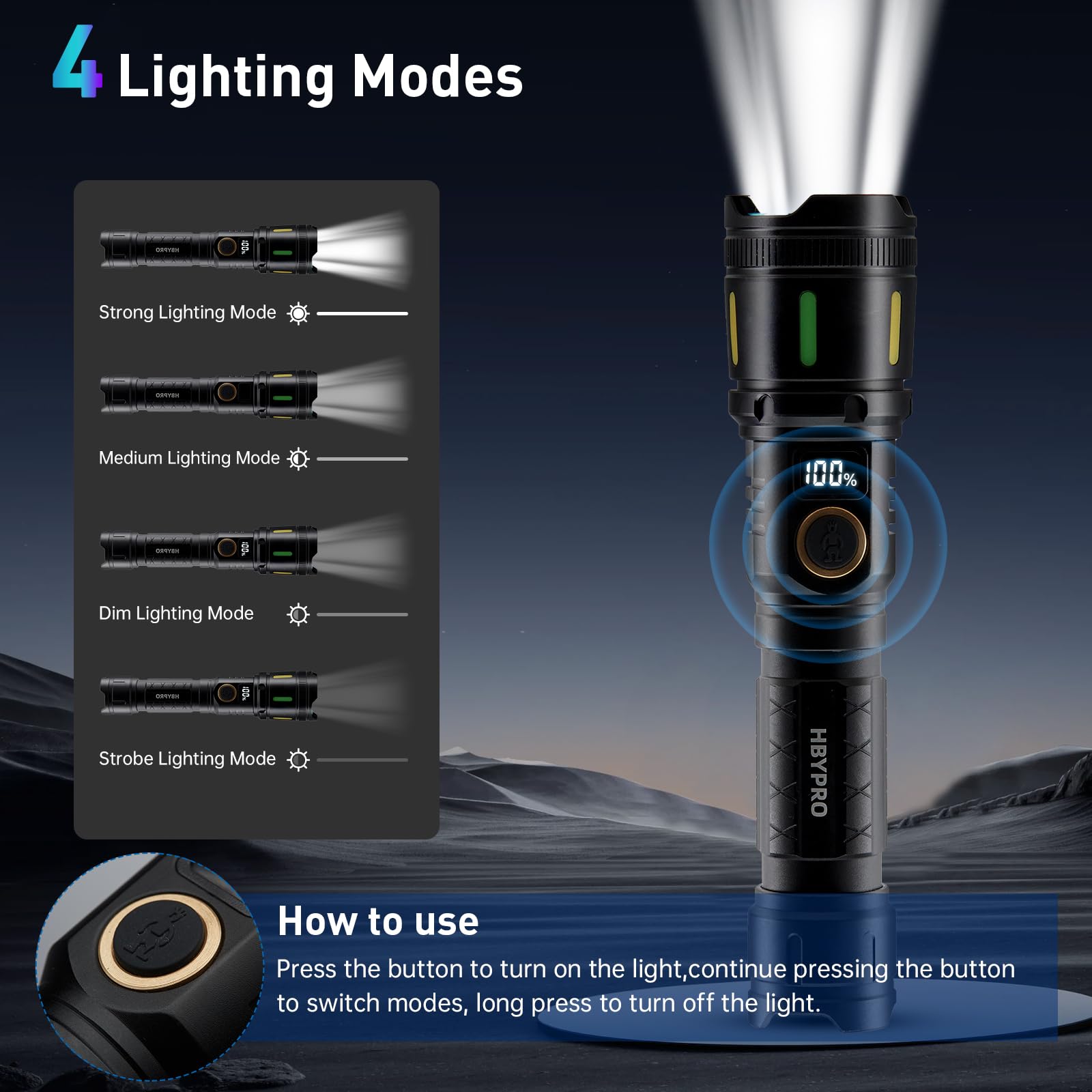 Hbypro Led Flashlights High Lumens Rechargeable 990,000 Lumens Super Bright Flashlight Compact Handheld Premiun Aluminum Alloy Body Flash Light With 4 Light Modes For Home And Outdoor Use