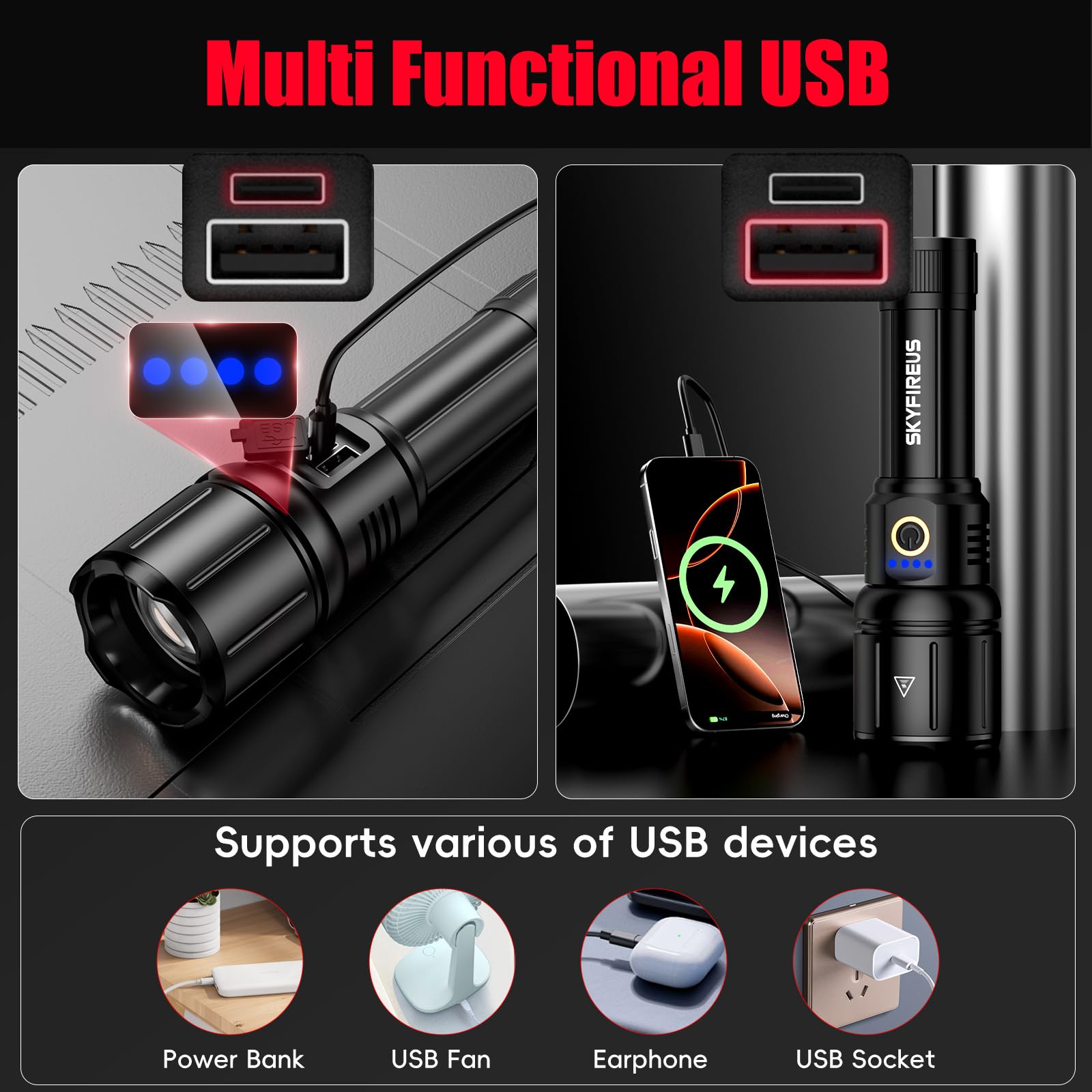 Skyfire Flashlights High Lumens With Ignition Lens,10000Lm Rechargeable Flashlights,Led Flashlight,Outdoor Super Bright Flashlight Handheld Flashlights For Emergency,Camping,Searching,Home,Black