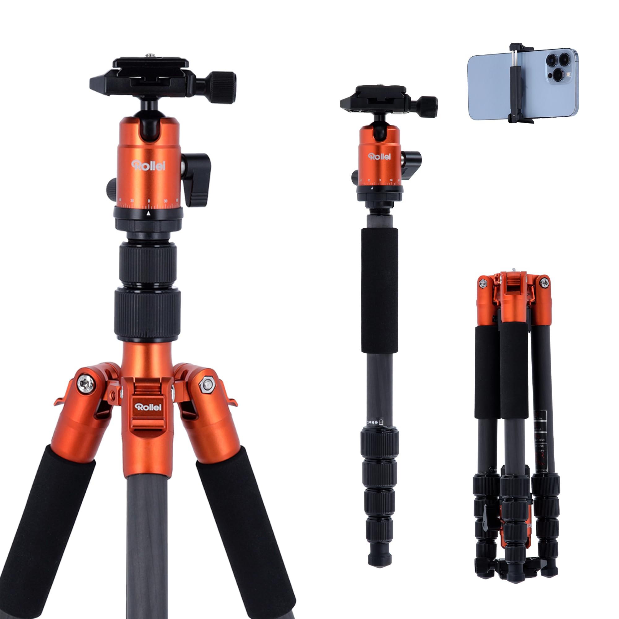Rollei Compact Traveler No. 1 Carbon - Ultra-Lightweight Travel Tripod (2,16 Lb Incl. Ball Head) - Folded Length: 12,99" - Arca Swiss Compatible - Monopod Function - Carbon - Orange