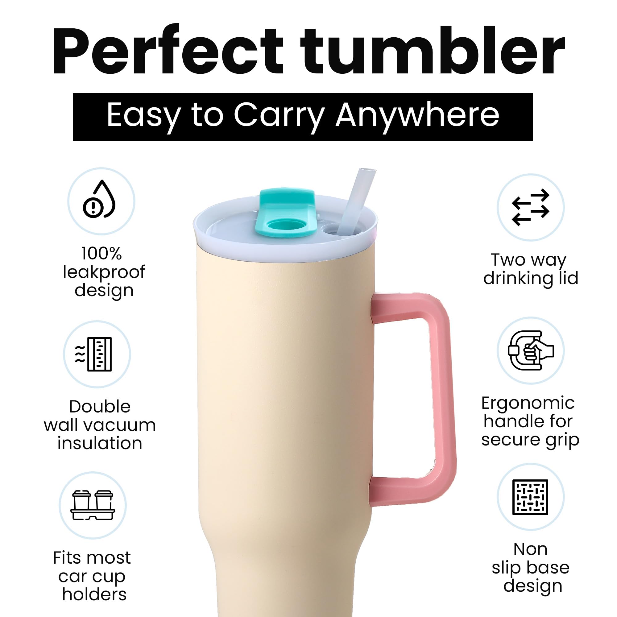 40 Oz Insulated Tumbler With Handle And Straw, Double Wall Stainless Steel Travel Mug