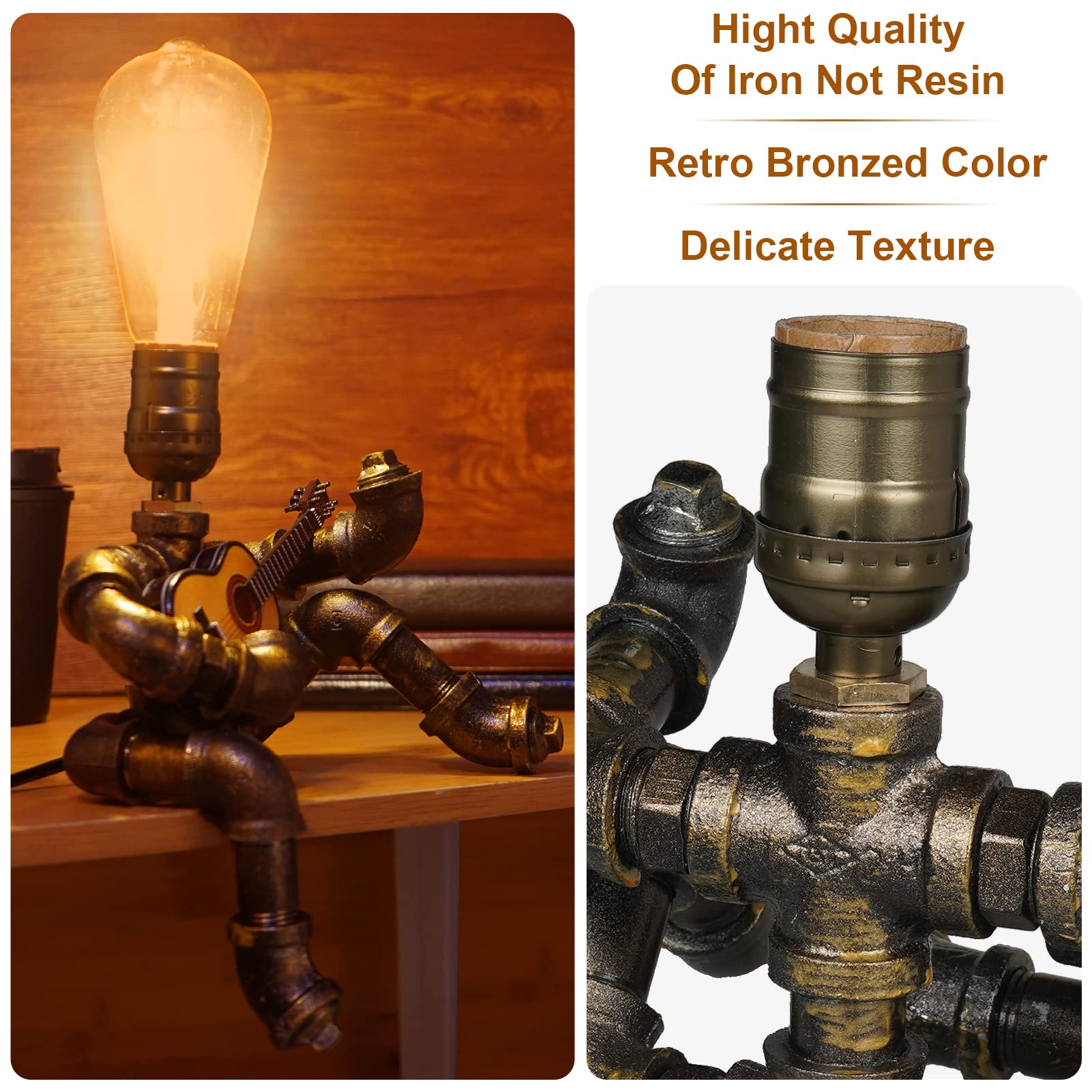 Gohoki Steampunk Decor Table Lamp: Cool Art Decoration For Men Guitar Players - Antique Desk Pipe Lamp With Edison Bulb