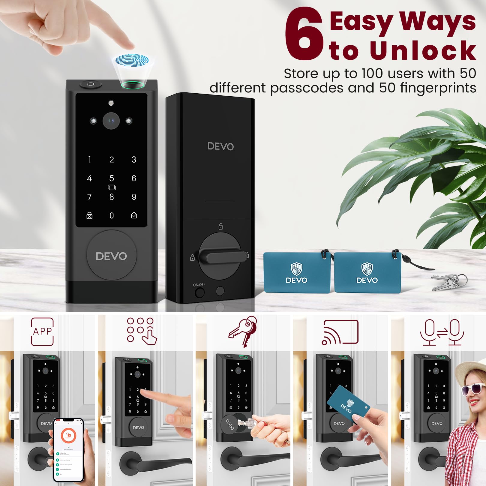 Devo G1 Video Smart Lock With Camera & Doorbell, 6-In-1 Keyless Entry Door Lock With Fingerprint, App Remote, Auto Locks, Built-In Wi-Fi Smart Deadbolt For Front Door, Ip65 Waterproof, Easy Install