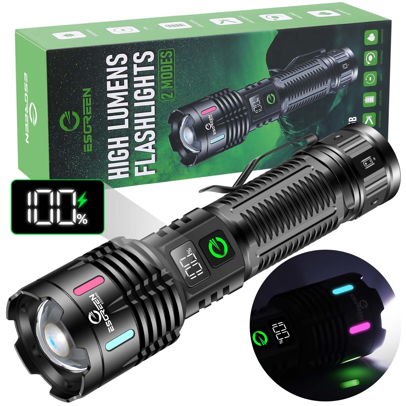 Esgreen Rechargeable Flashlights High Lumens 1000000 Single 2 Modes, Super Bright Led Flashlight Usb C Long Distance 3280Ft, Powerful Long Lasting 10H Heavy Duty Strong Flash Light For Camping Hiking